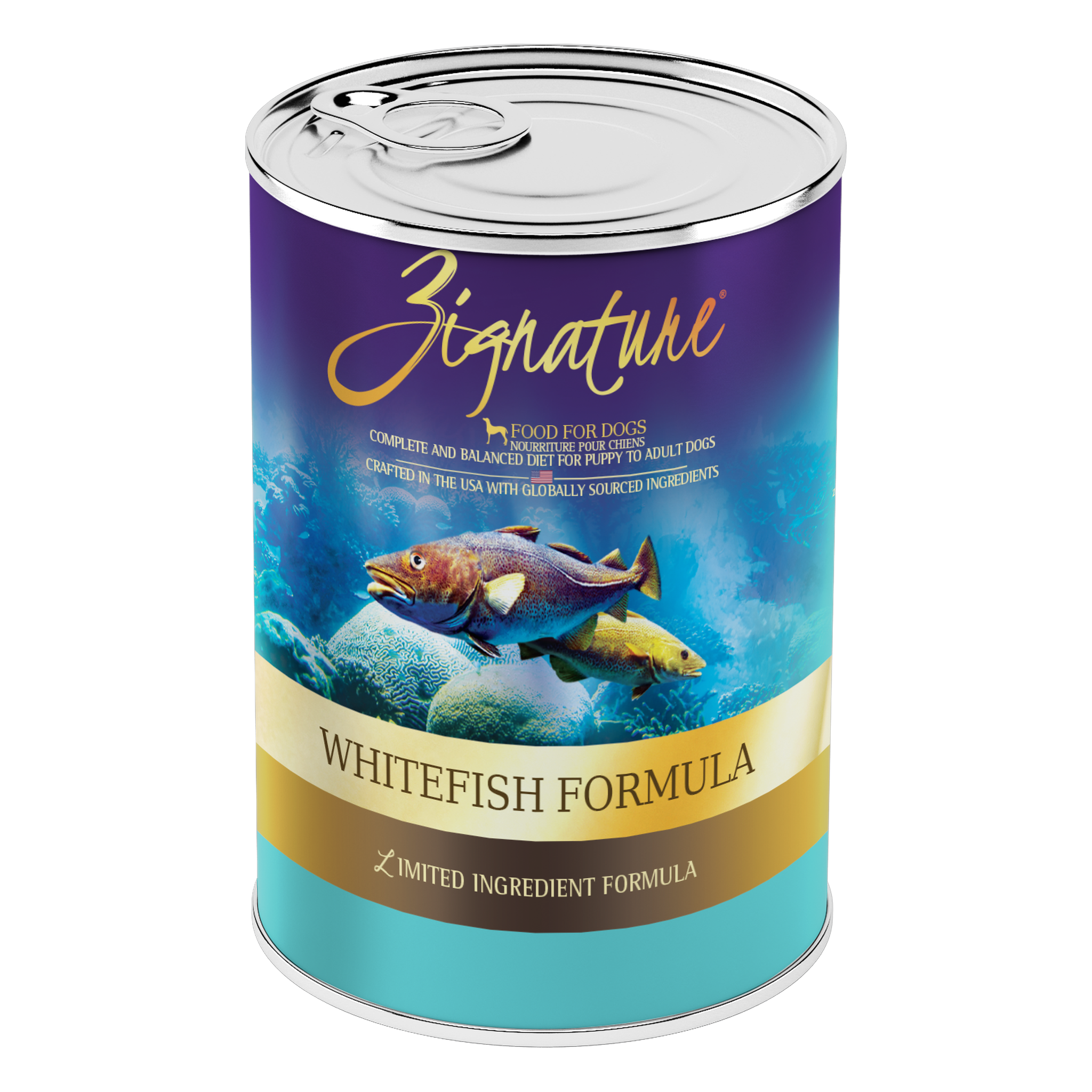 Zignature Whitefish Formula Wet Dog Food package