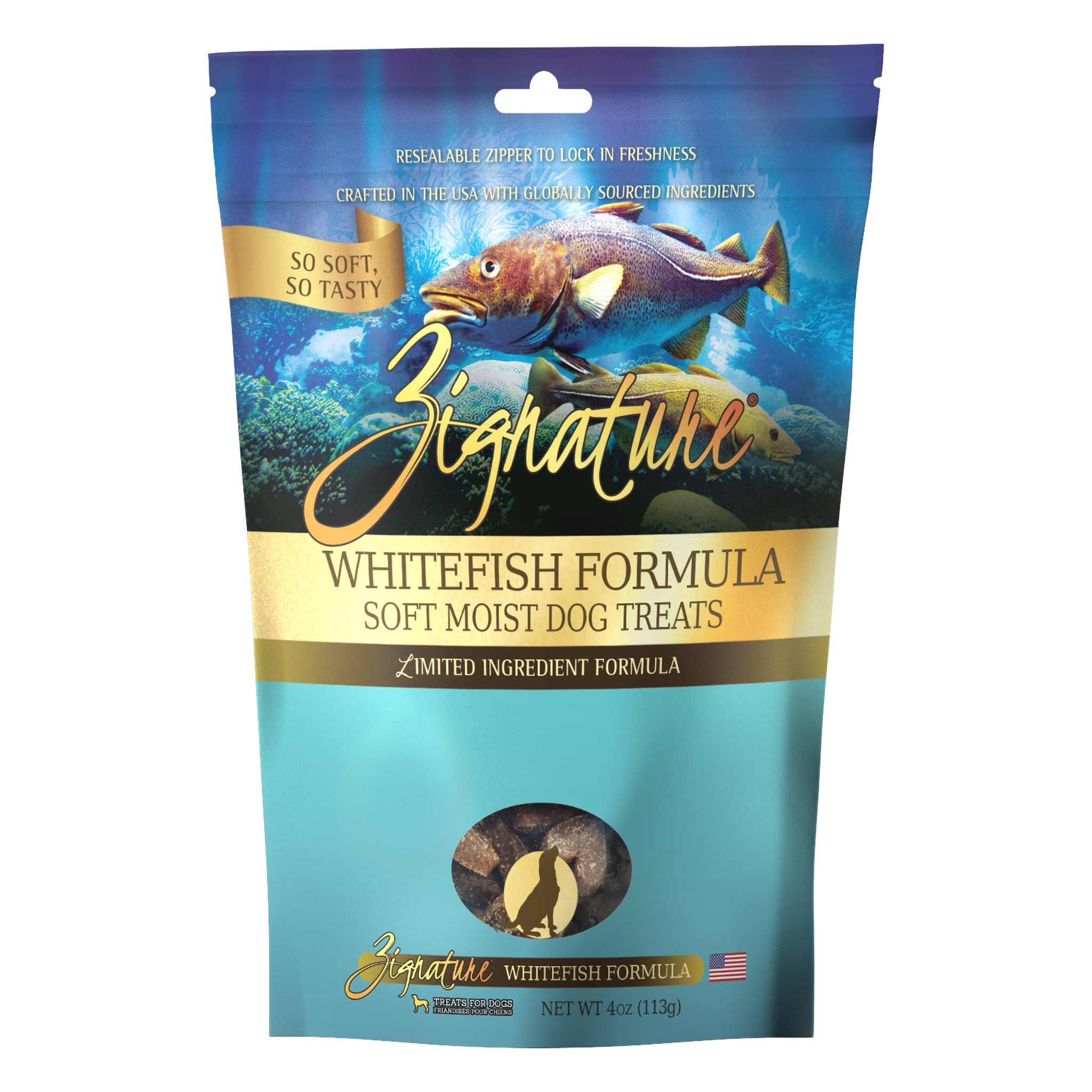 Zignature Whitefish Formula Soft Moist Dog Treats package