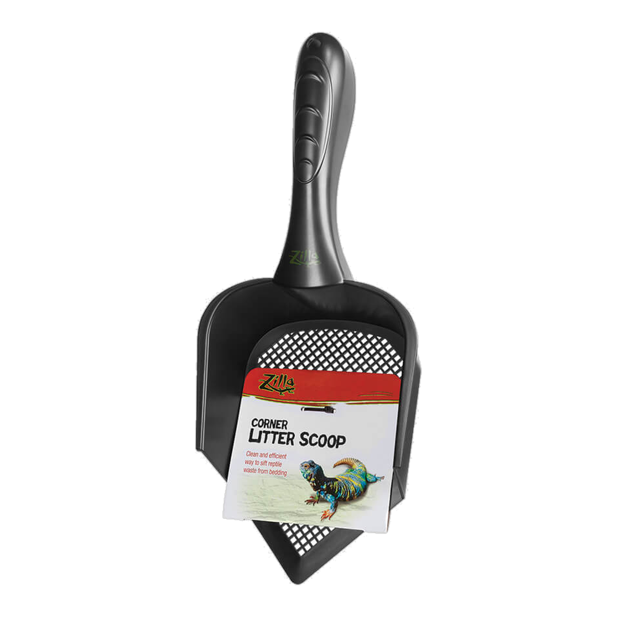 Zilla Corner Litter Scoop with slotted blade in retail packaging, front