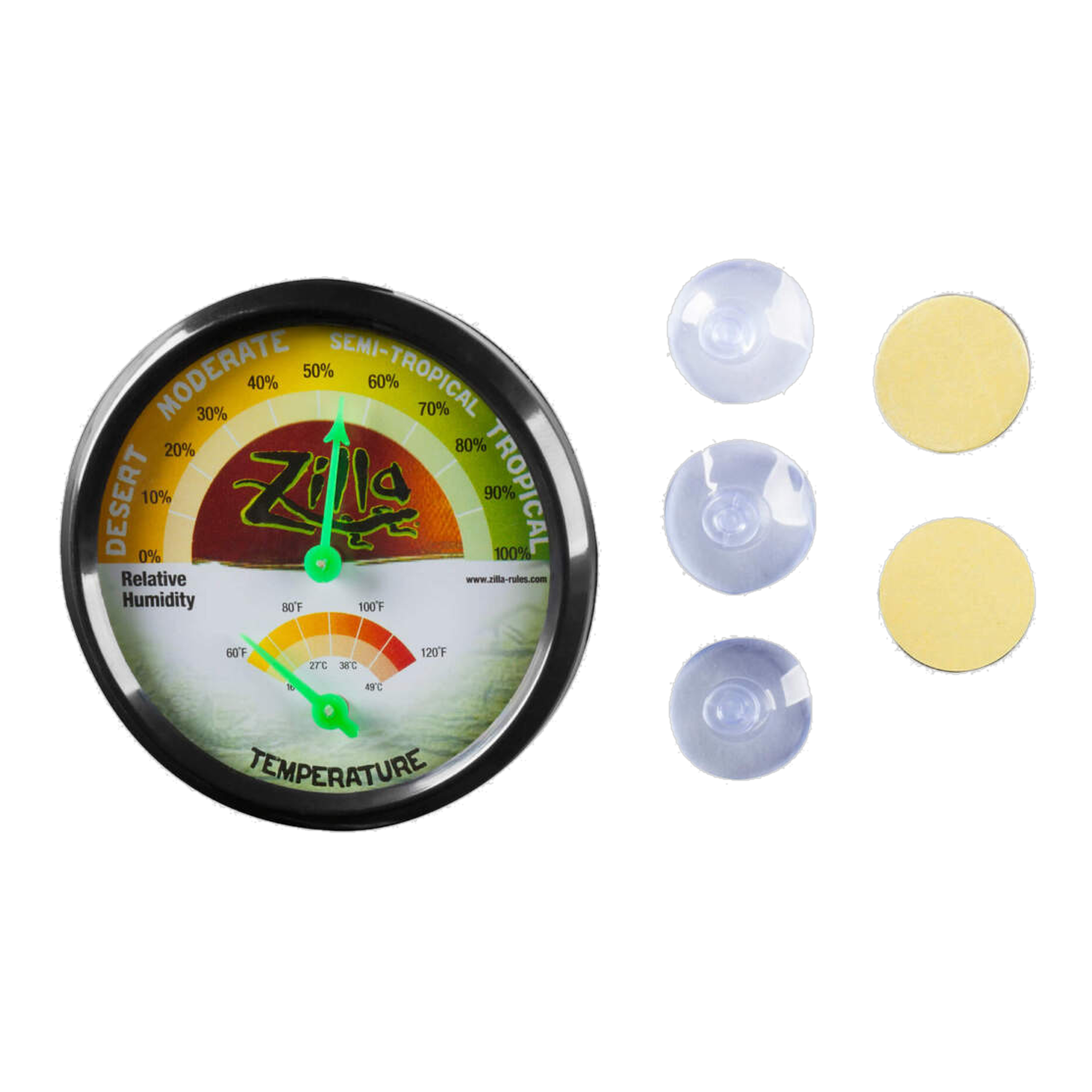 Zilla reptile terrarium humidity and temperature gauge dial with included suction cups and mounting discs