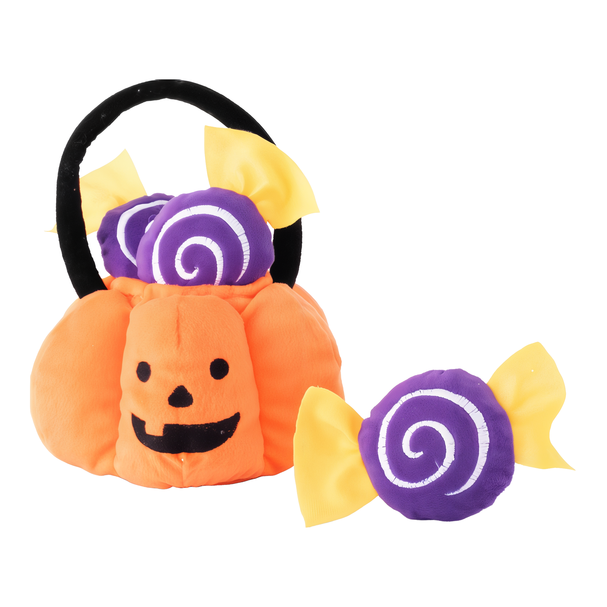 ZippyPaws Halloween Burrow Trick-or-Treat Basket orange plush jack-o-lantern basket with a purple and yellow candy Mini inside and one beside it