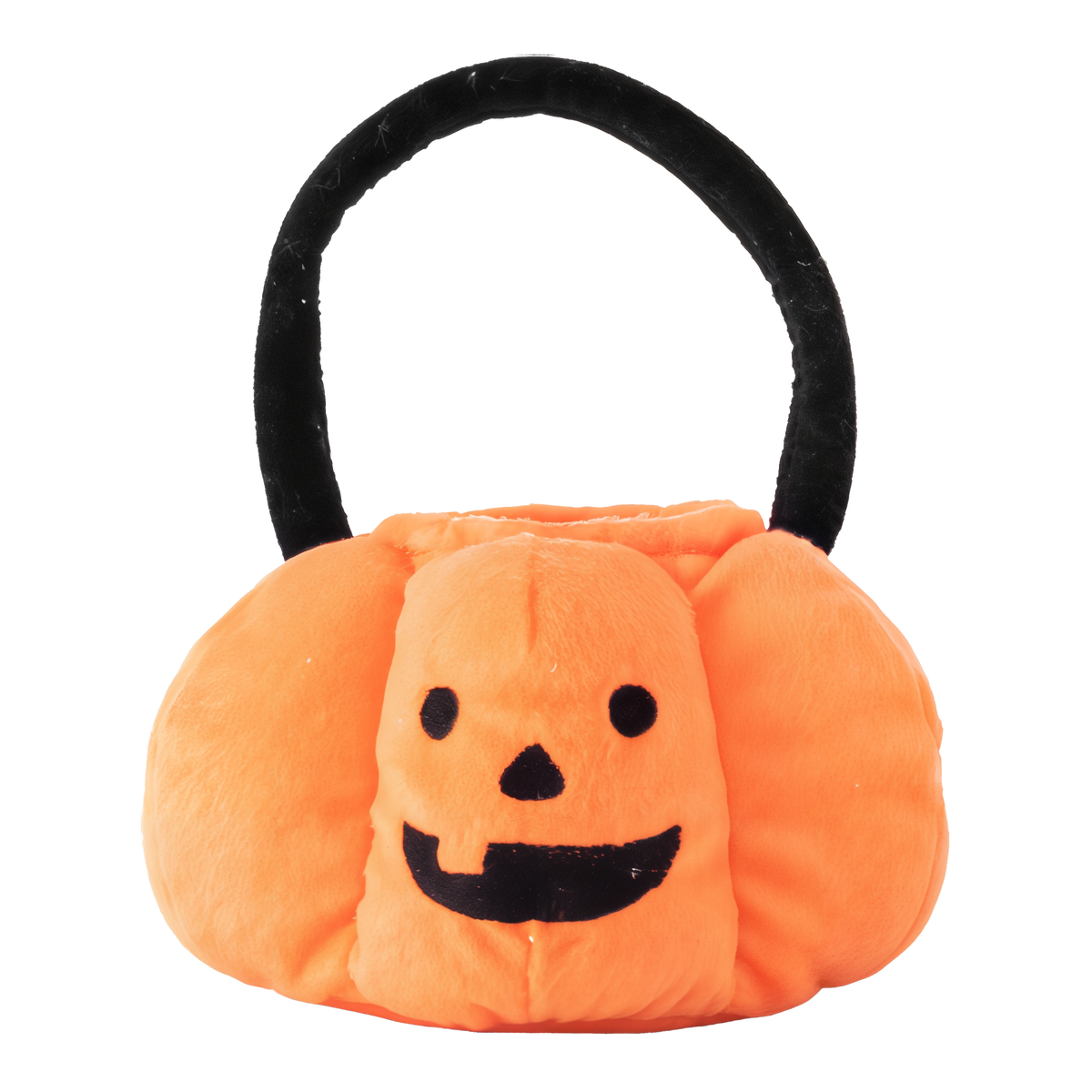 Front of the ZippyPaws Trick-or-Treat Basket burrow showing the embroidered jack-o-lantern face and black handle