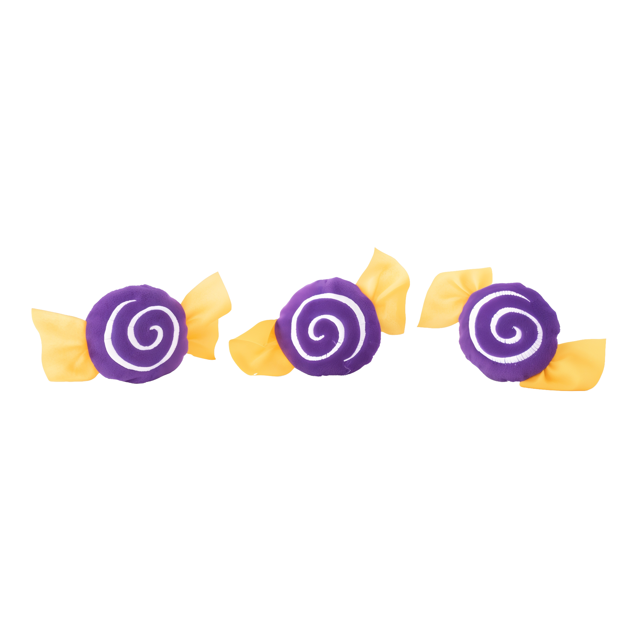 Three squeaky purple wrapped candy Miniz with yellow twist ends included with the Trick-or-Treat Basket