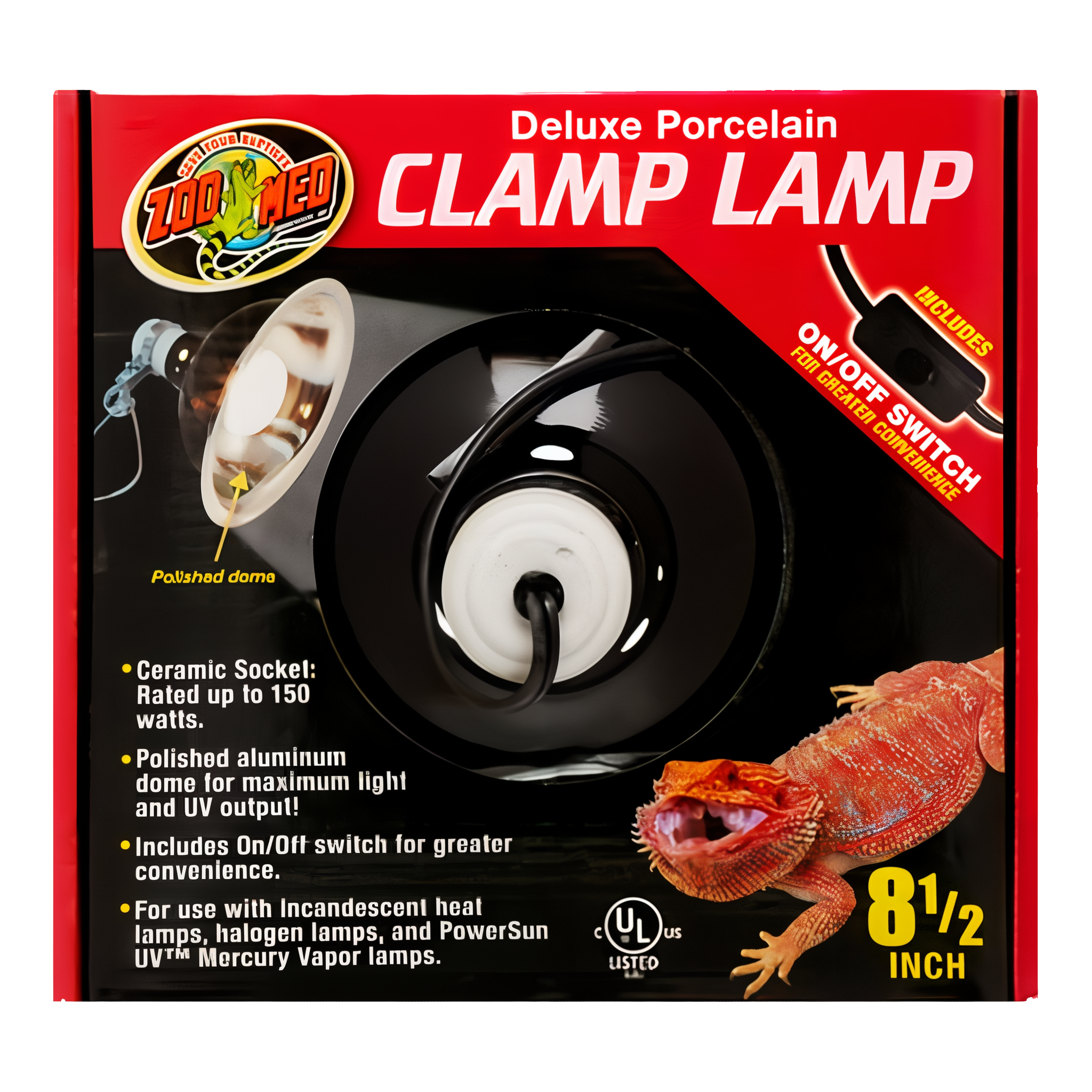 Zoo Med Deluxe Porcelain Clamp Lamp, 8.5 inch diameter, 150 Watt capacity.