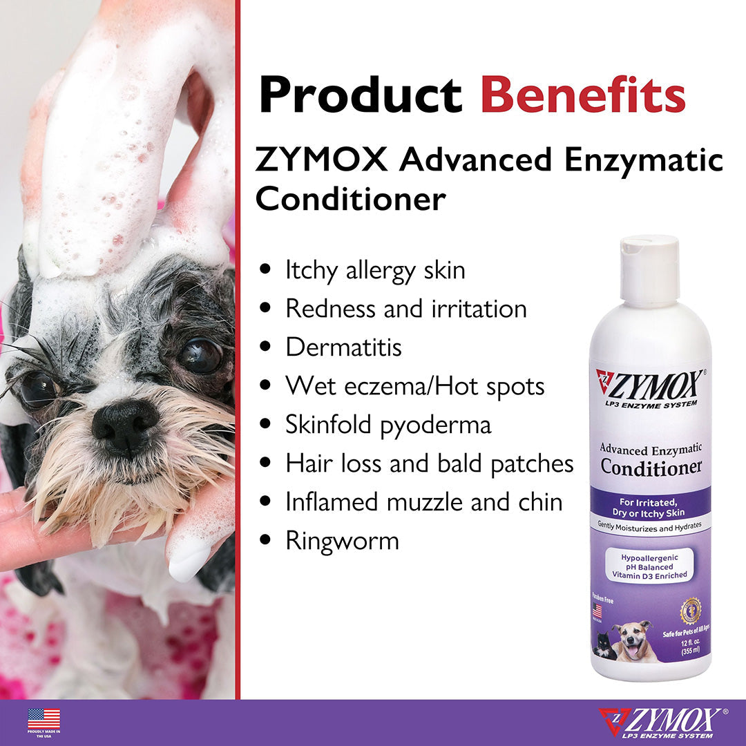 Zymox Advanced Enzymatic Conditioner benefits for itchy allergy skin, redness, dermatitis, hot spots, skinfold pyoderma, hair loss, inflamed muzzle, and ringworm