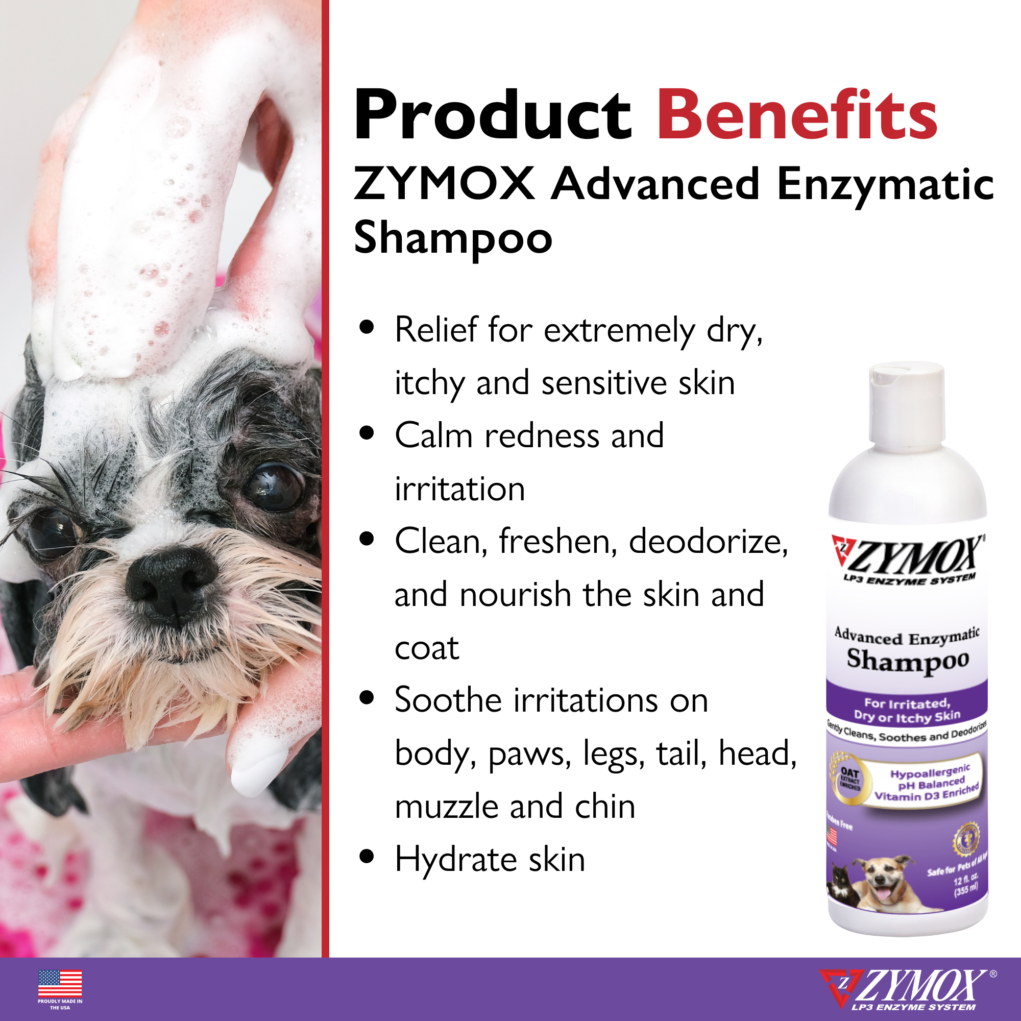 Zymox Advanced Enzymatic Shampoo benefits for itchy allergy skin, redness, dermatitis, and hot spots