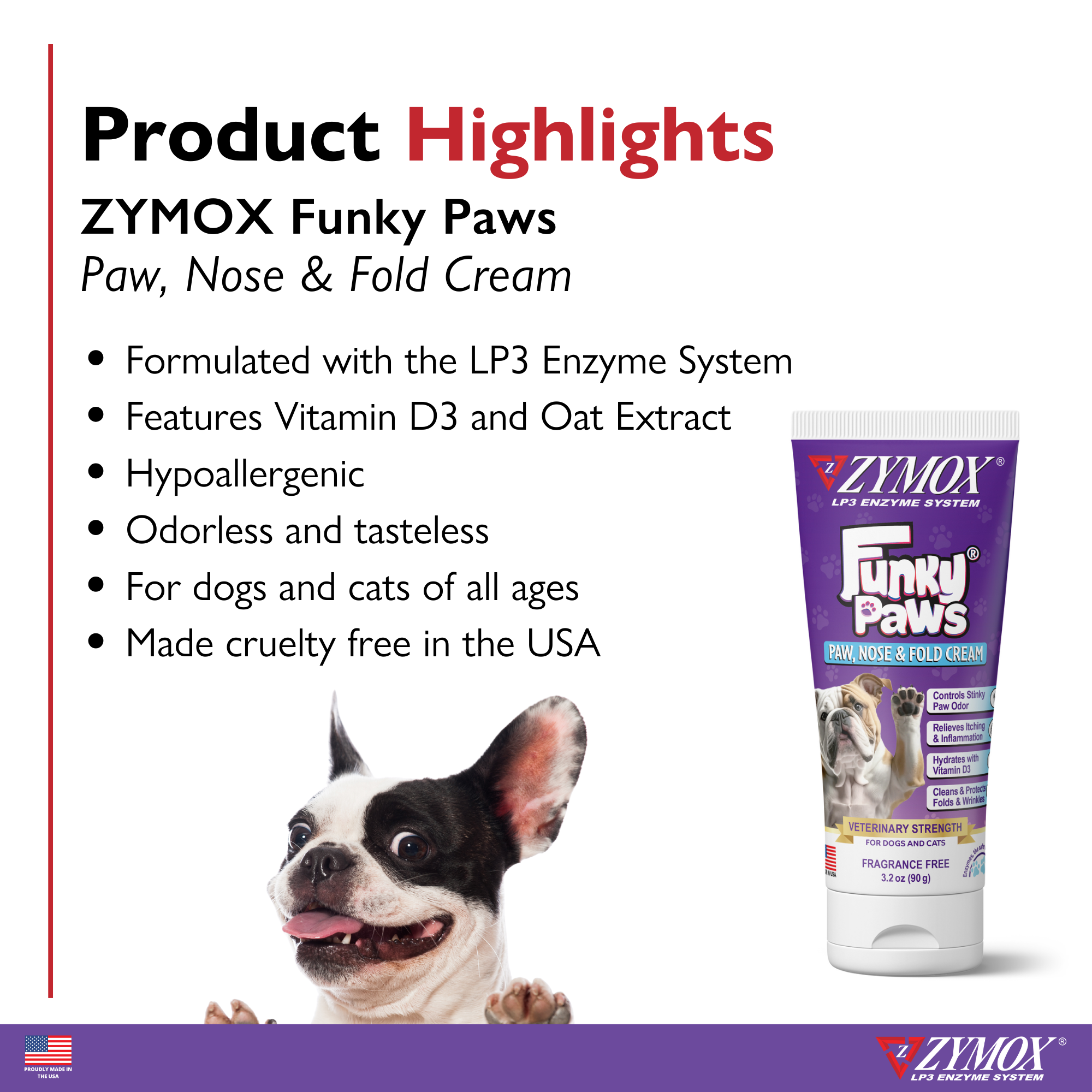 Zymox Funky Paws product highlights: LP3 Enzyme System, Vitamin D3 and Oat Extract, hypoallergenic, odorless and tasteless, for dogs and cats of all ages