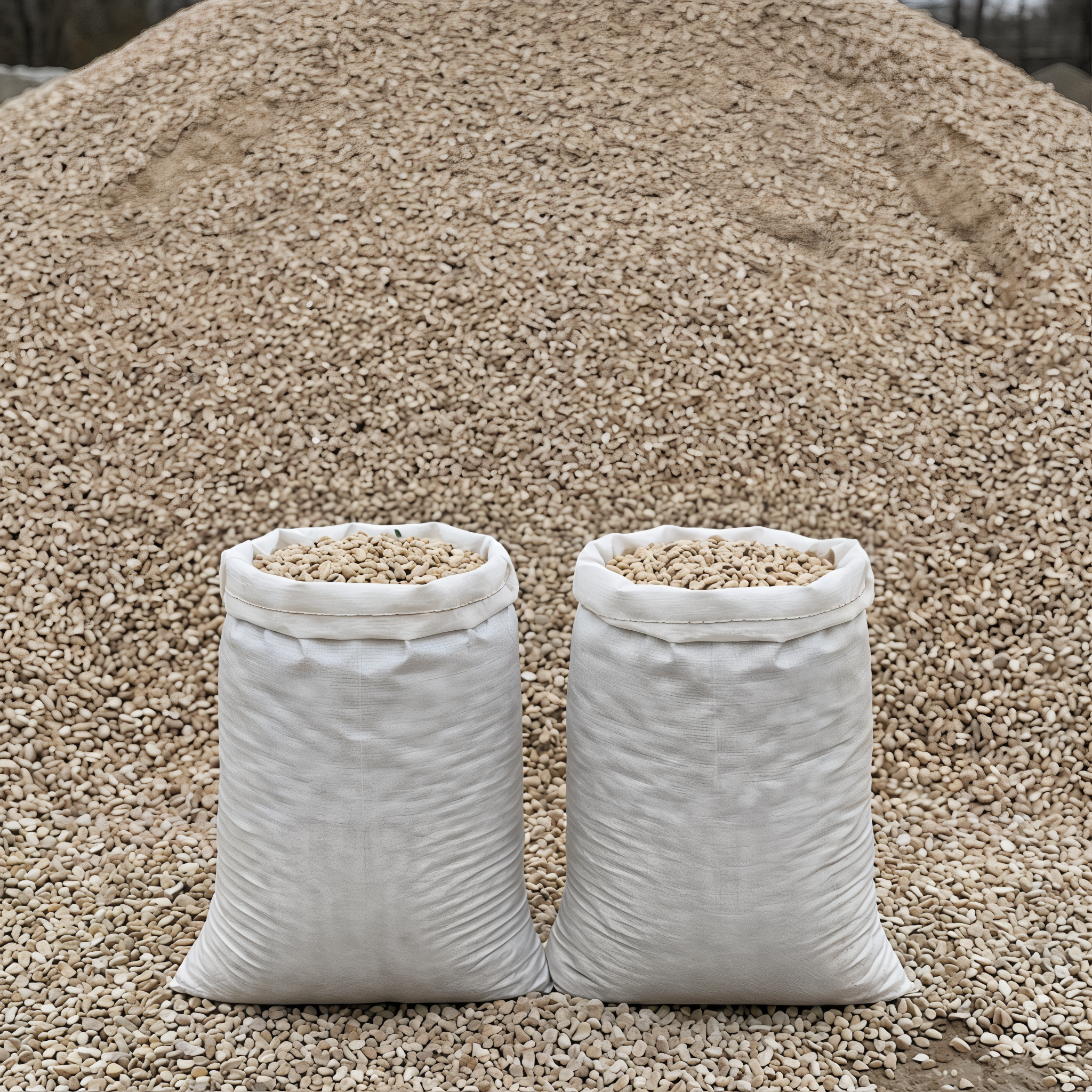 Clean Rice Stone in 50 lb bags in front of a stone pile, 1/4 inch size #1/4"#50 LB Bag