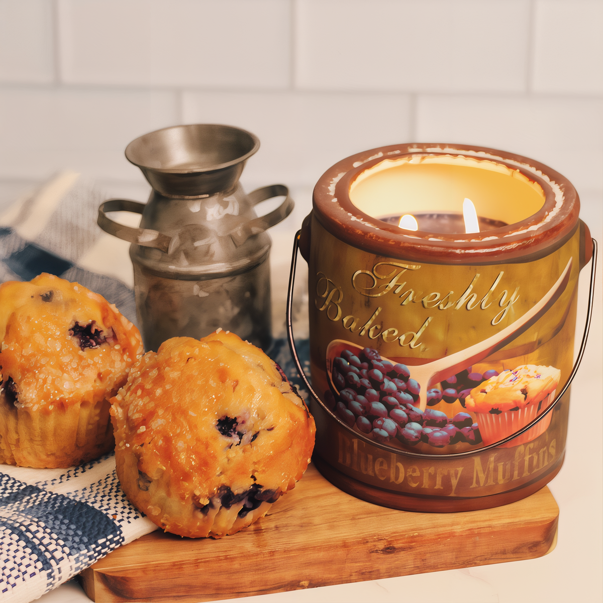 A Cheerful Giver Blueberry Muffins Farm Fresh Candle -- styled scene