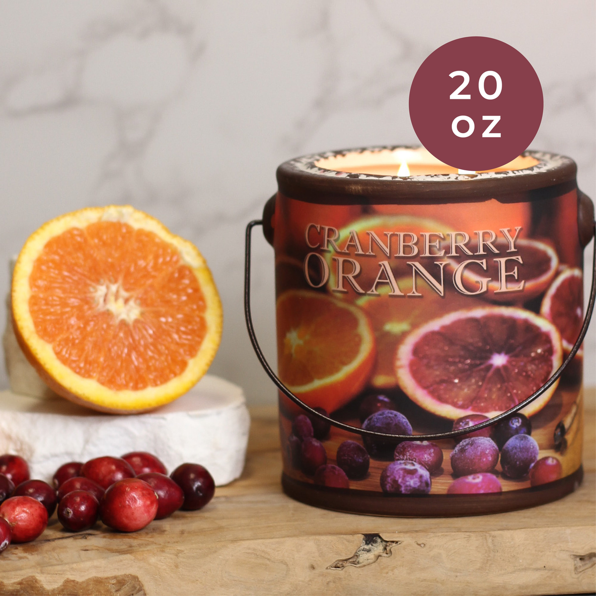A Cheerful Giver Cranberry Orange Farm Fresh Candle -- styled scene infographic