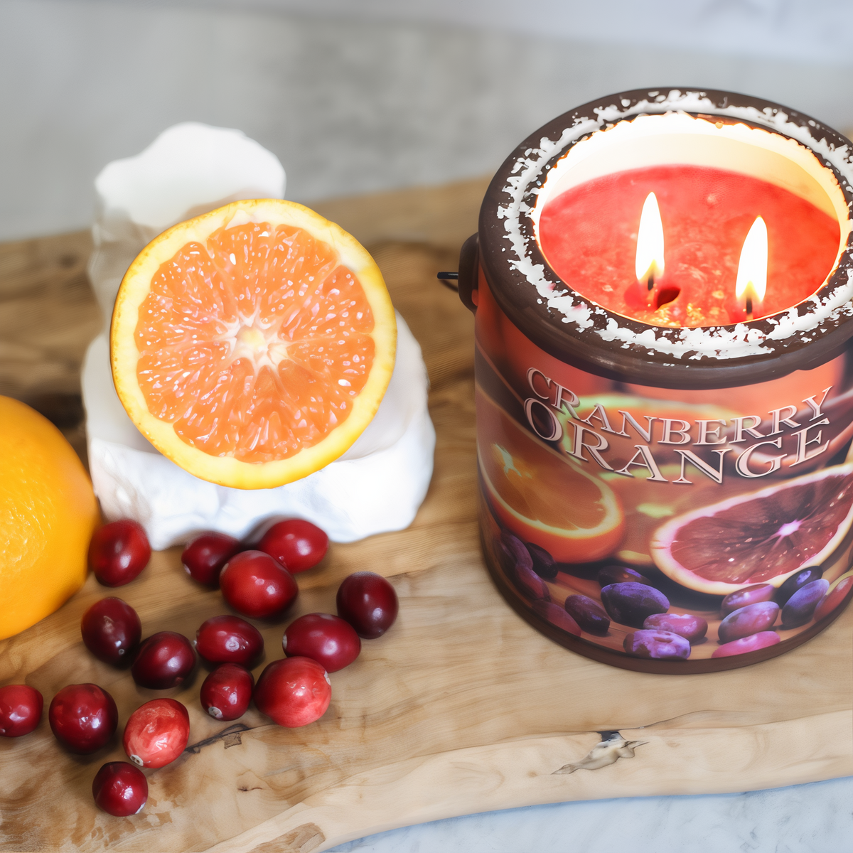 A Cheerful Giver Cranberry Orange Farm Fresh Candle -- styled scene
