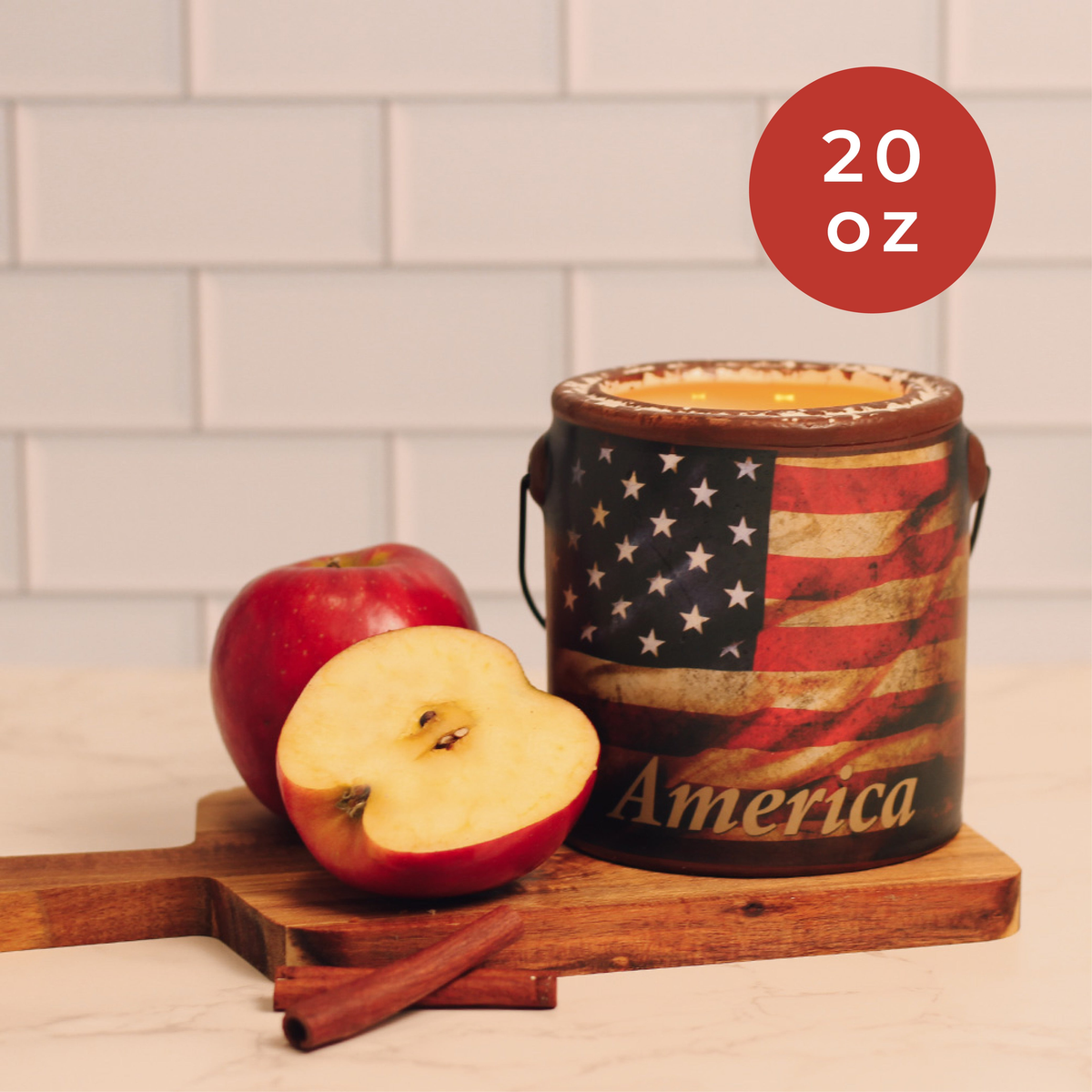 A Cheerful Giver Juicy Apple America Farm Fresh Candle -- styled scene infographic