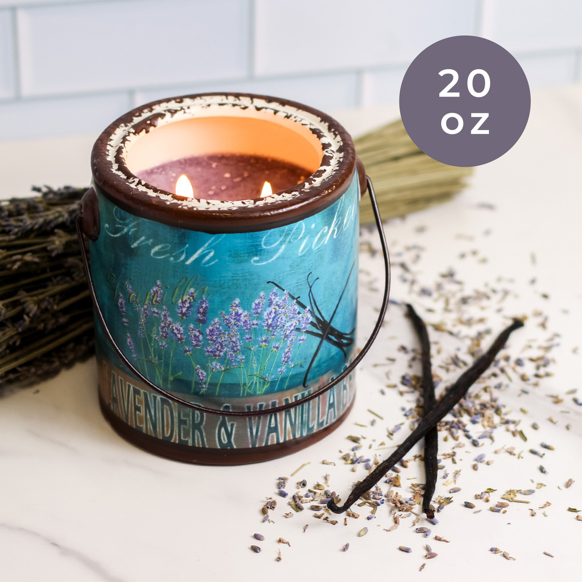 A Cheerful Giver Lavender Vanilla Farm Fresh Candle -- styled scene infographic