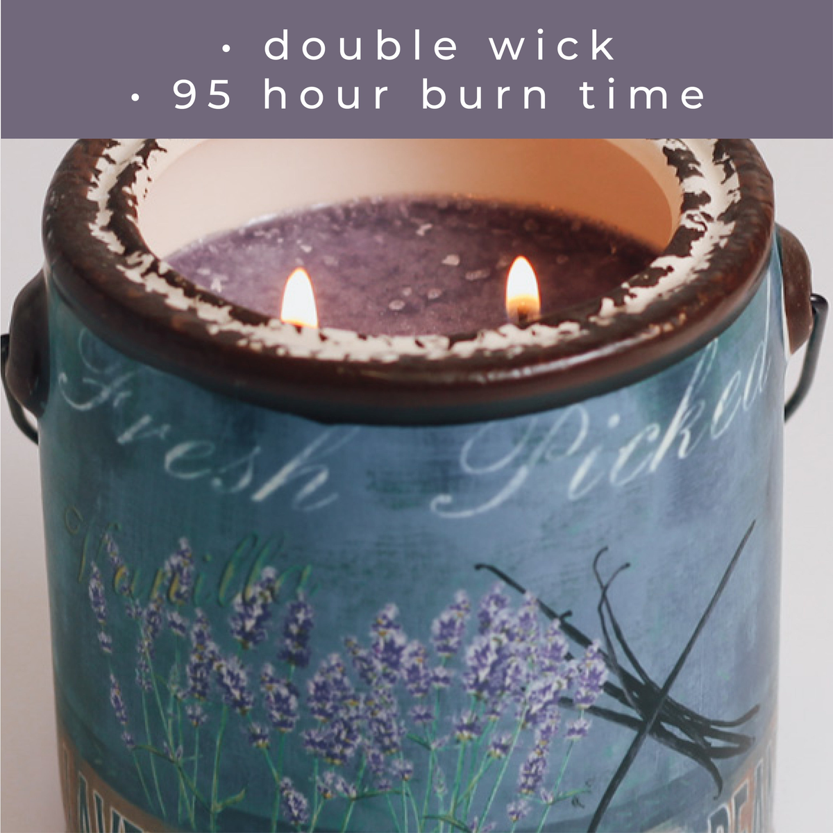 A Cheerful Giver Lavender Vanilla Farm Fresh Candle -- burn time infographic