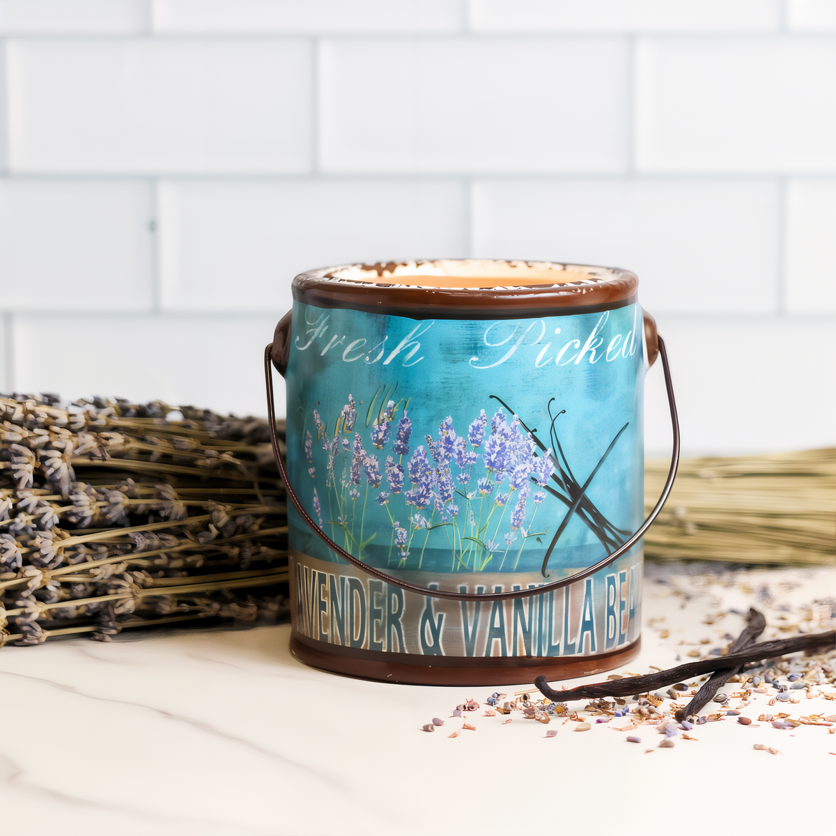 A Cheerful Giver Lavender Vanilla Farm Fresh Candle -- styled scene