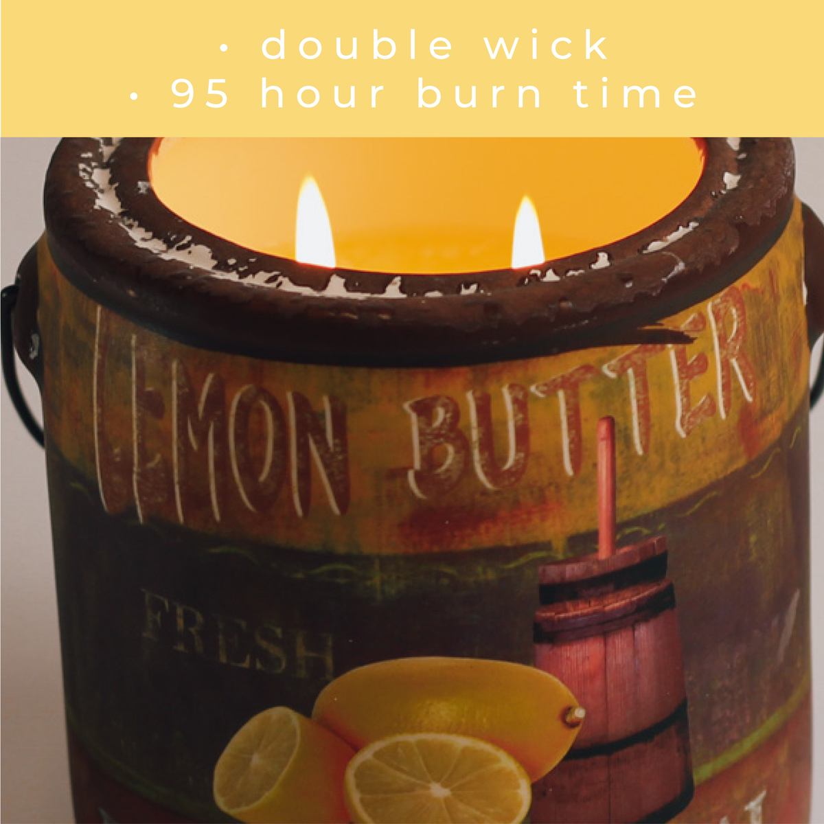 A Cheerful Giver Lemon Butter Farm Fresh Candle -- burn time infographic