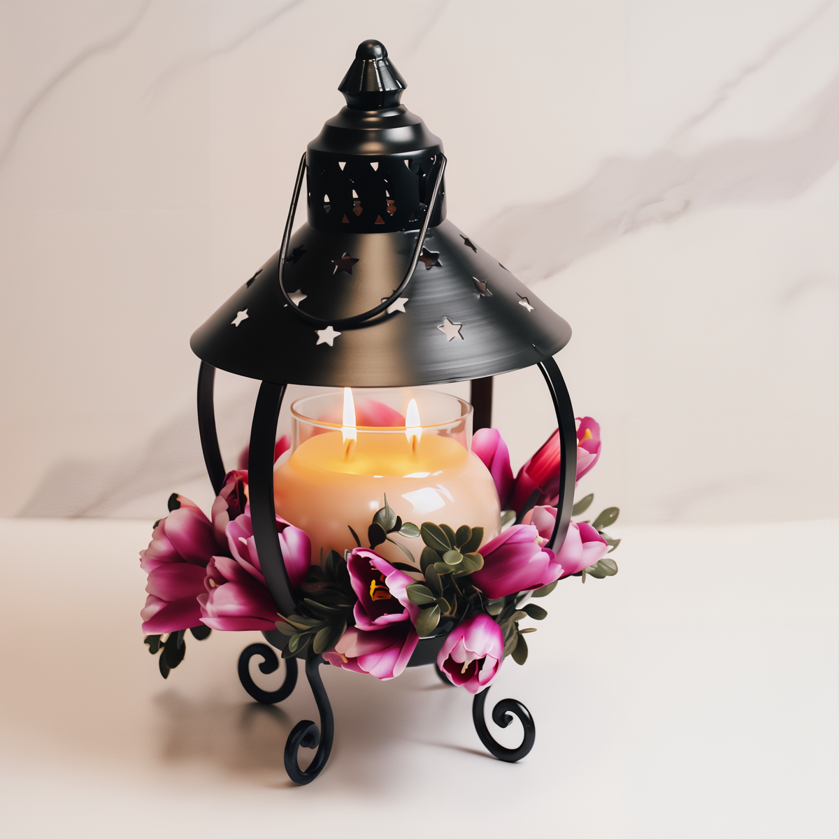 A Cheerful Giver Star Candle Lantern -- styled scene with candle