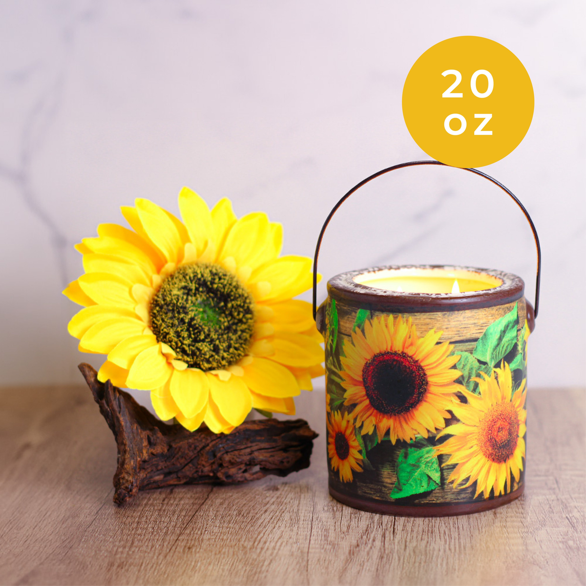 A Cheerful Giver Sunflower & Driftwood Farm Fresh Candle -- styled scene infographic