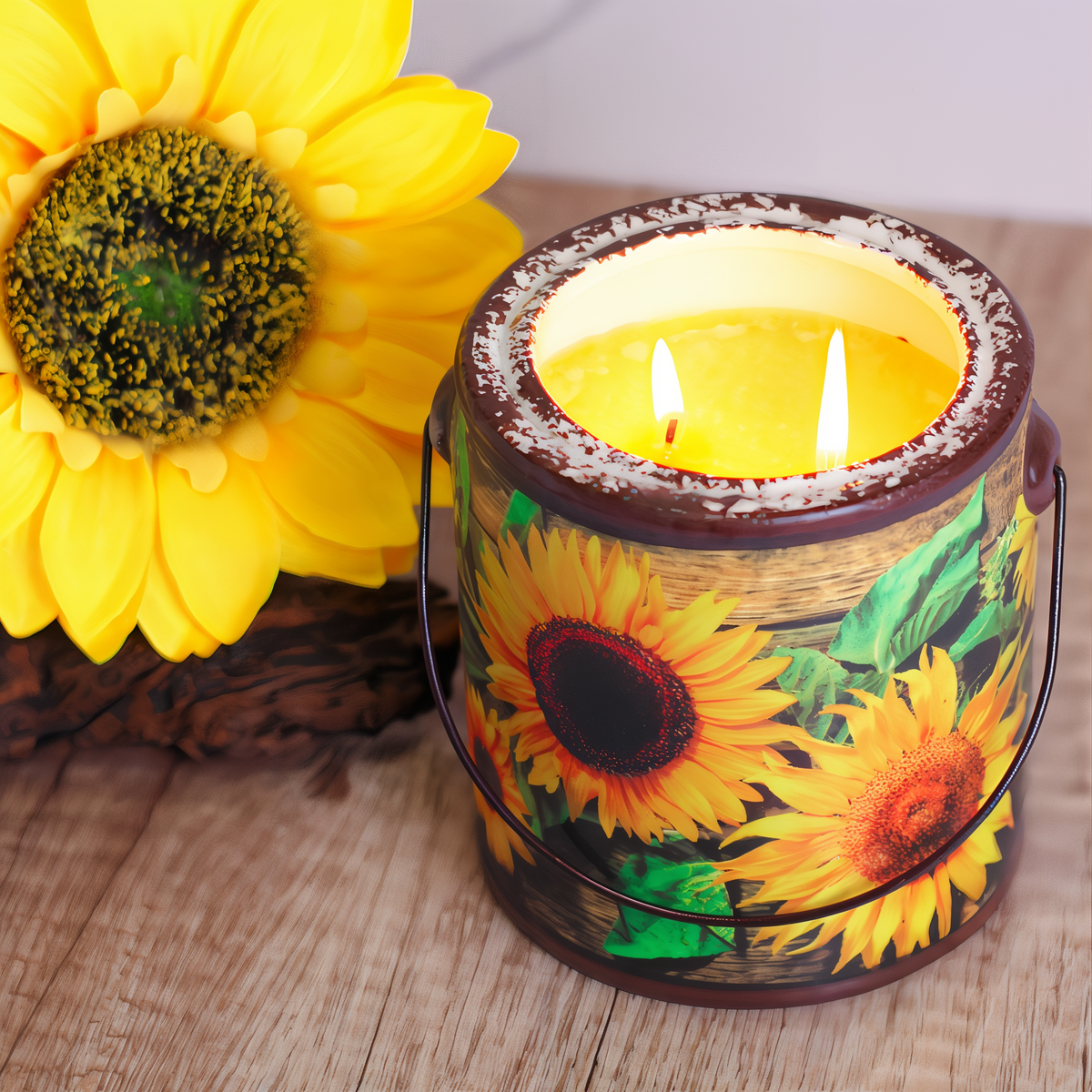 A Cheerful Giver Sunflower & Driftwood Farm Fresh Candle -- styled scene