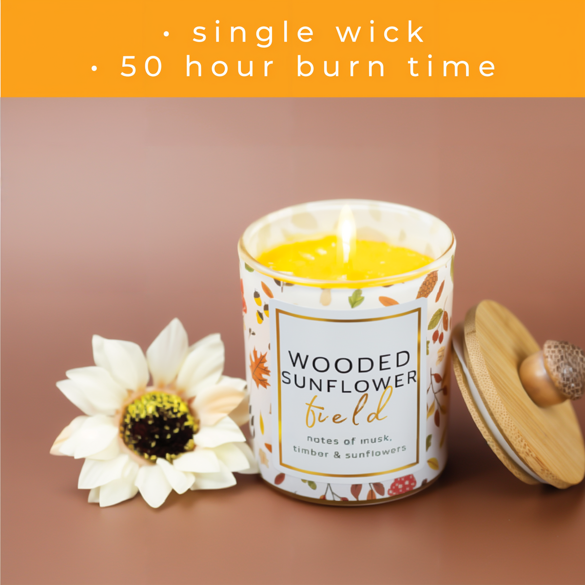 A Cheerful Giver Wooded Sunflower Field Seasonal Candle -- lifestyle