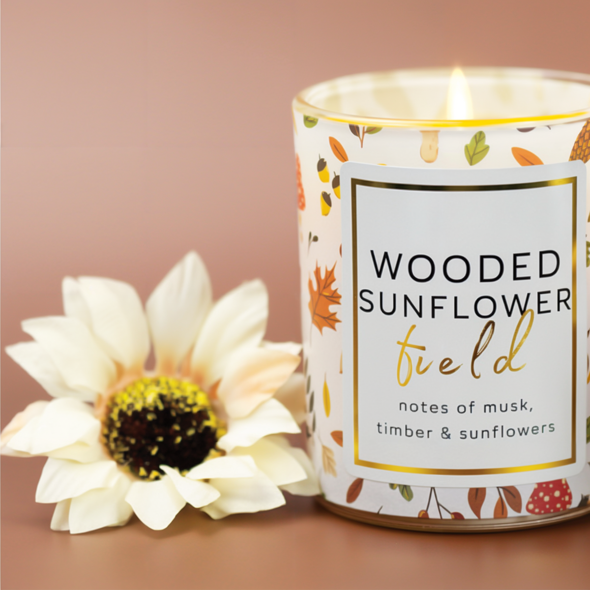 A Cheerful Giver Wooded Sunflower Field Seasonal Candle -- lifestyle
