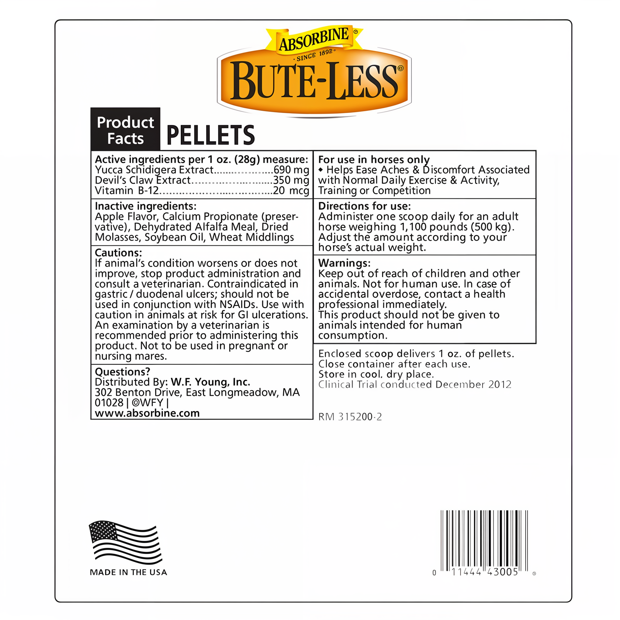 Absorbine Bute-Less comfort and recovery pellets, product facts label