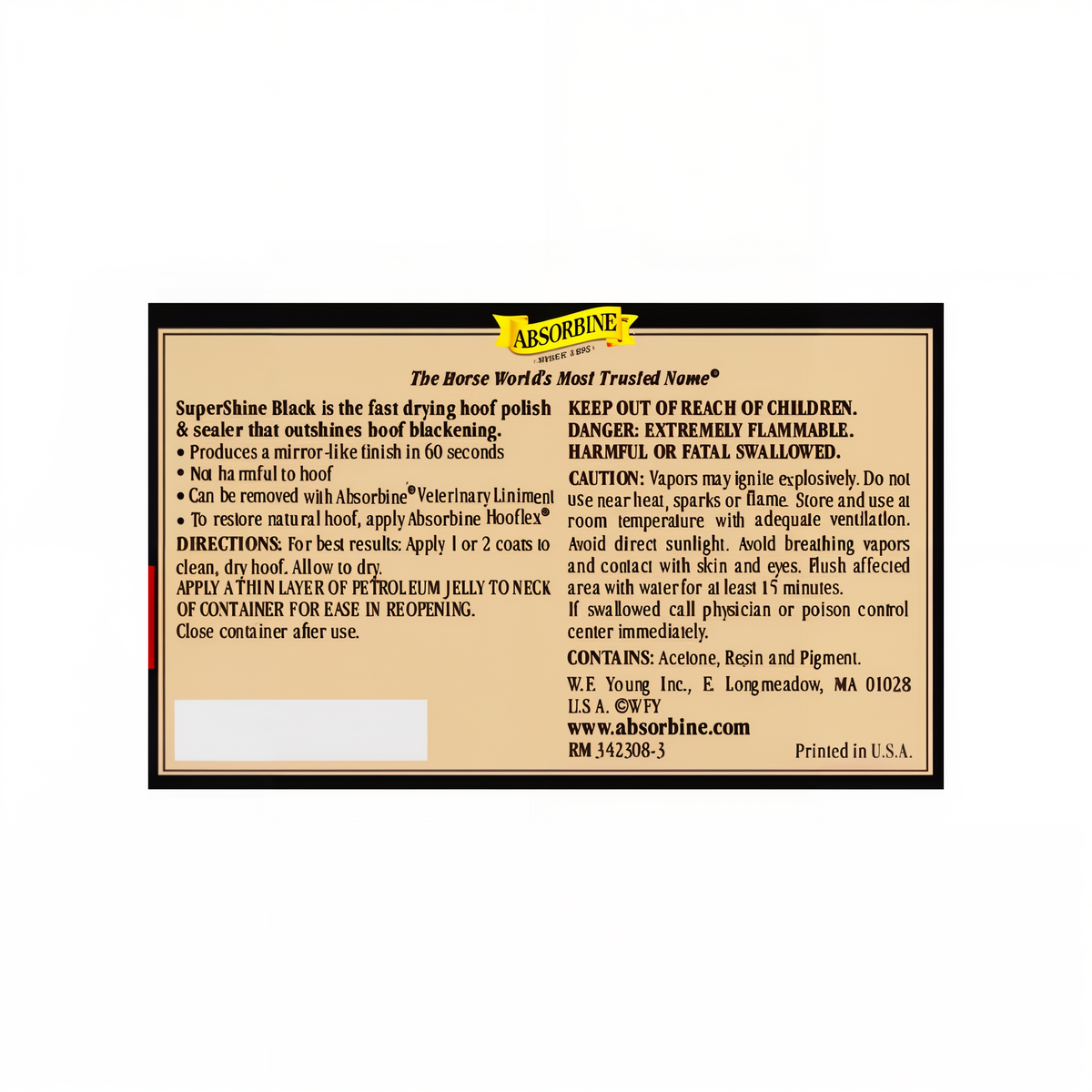 Absorbine SuperShine hoof polish and sealer, label