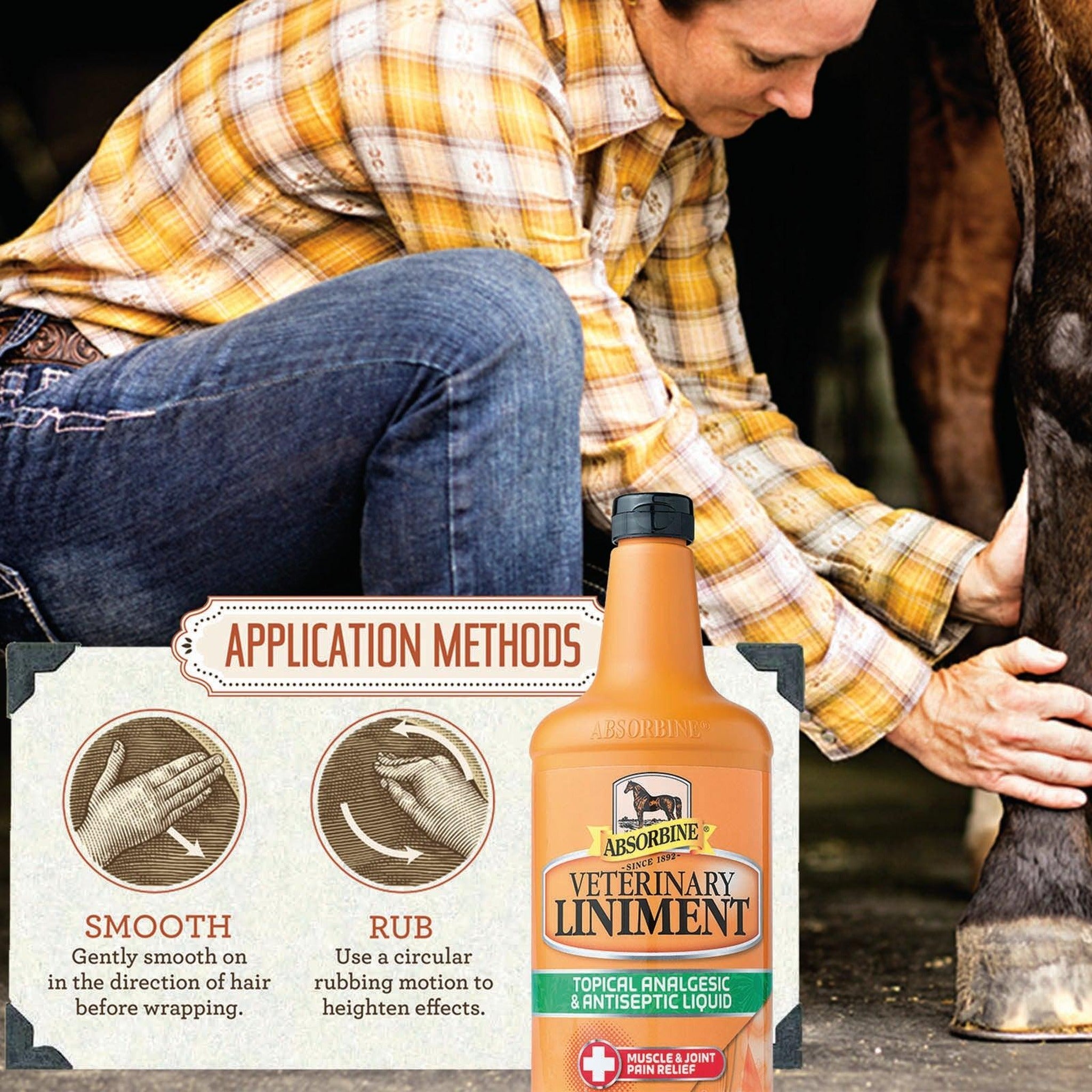 Absorbine Veterinary Liniment topical analgesic, applied to a horse leg