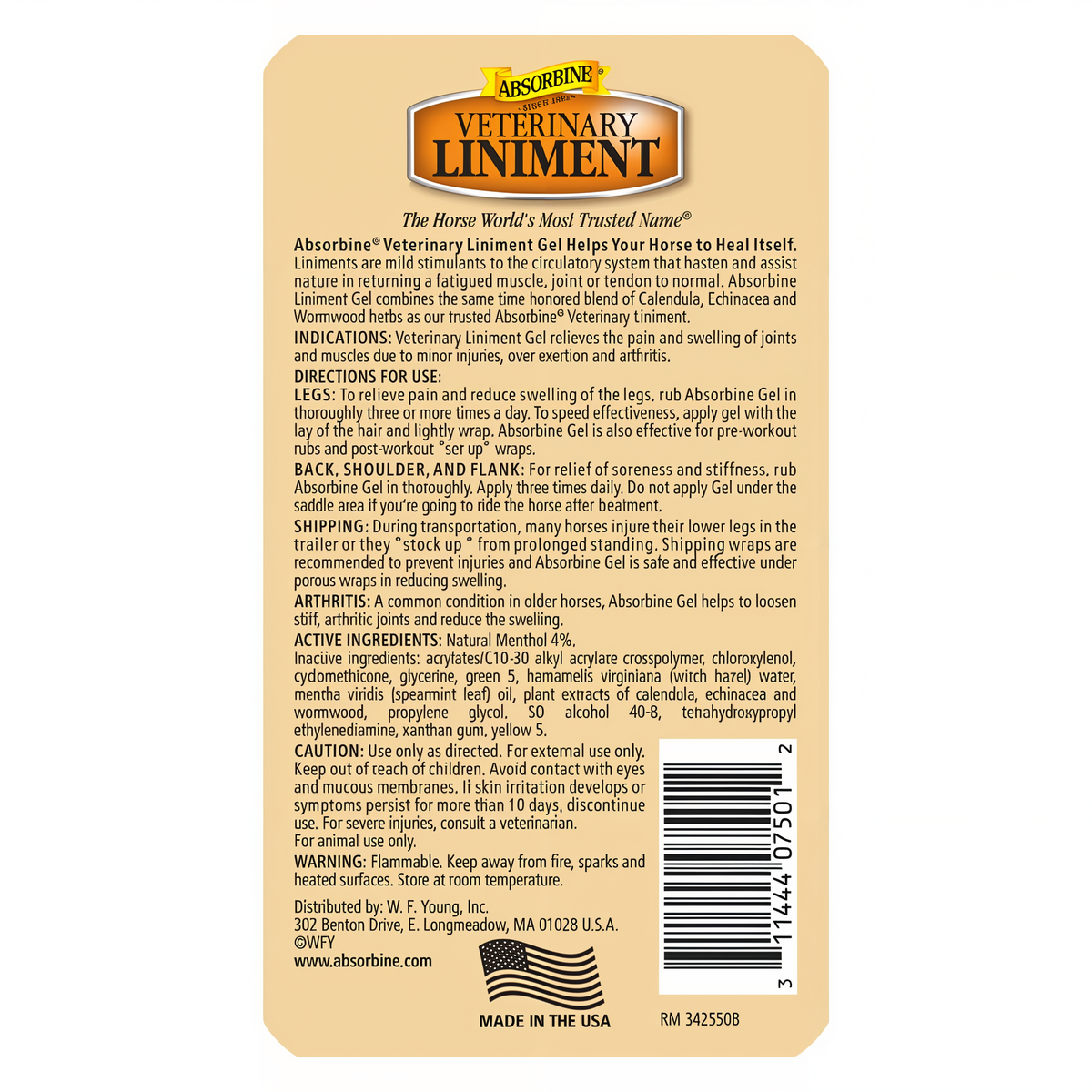 Absorbine Veterinary Liniment Gel, back label