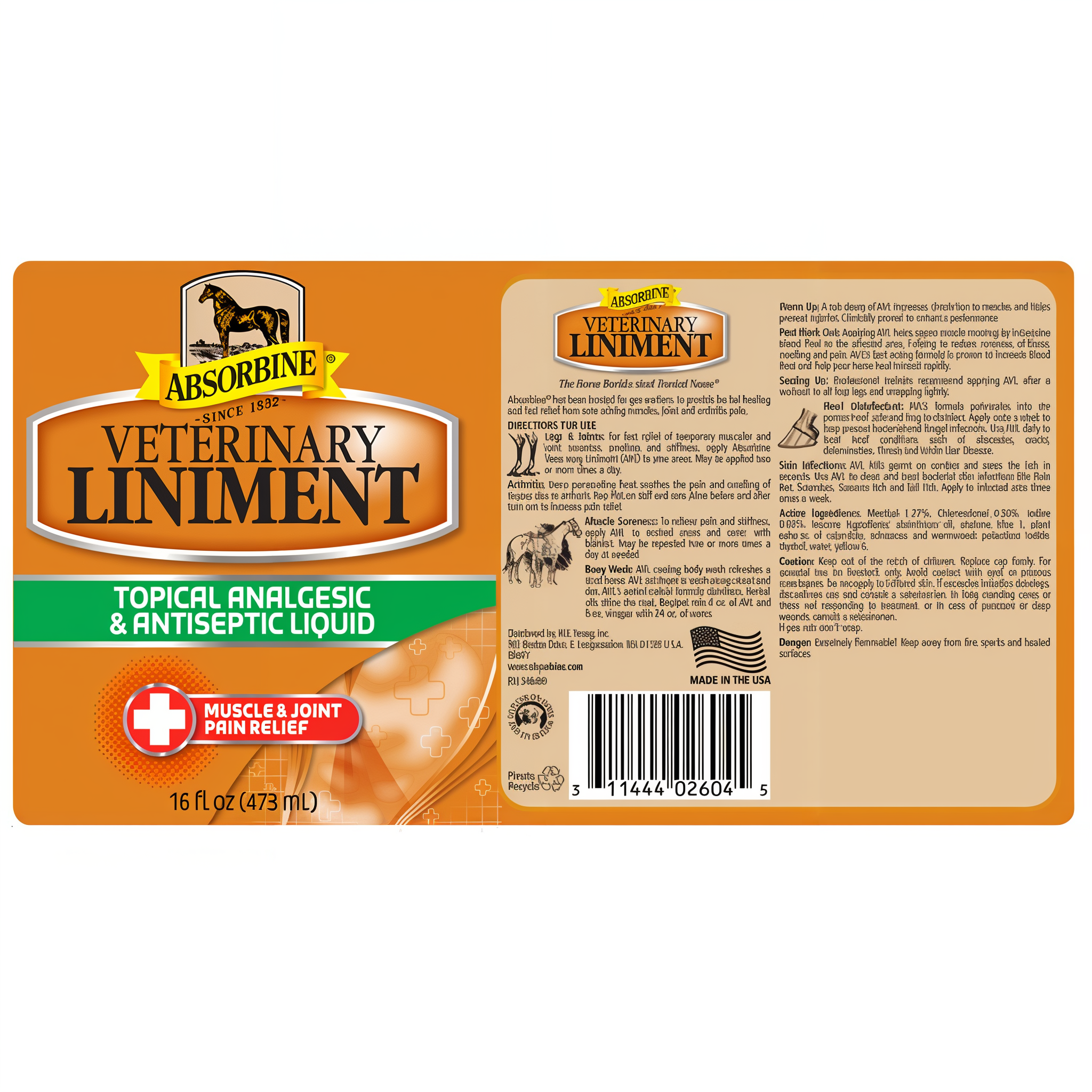 Absorbine Veterinary Liniment topical analgesic, label with directions