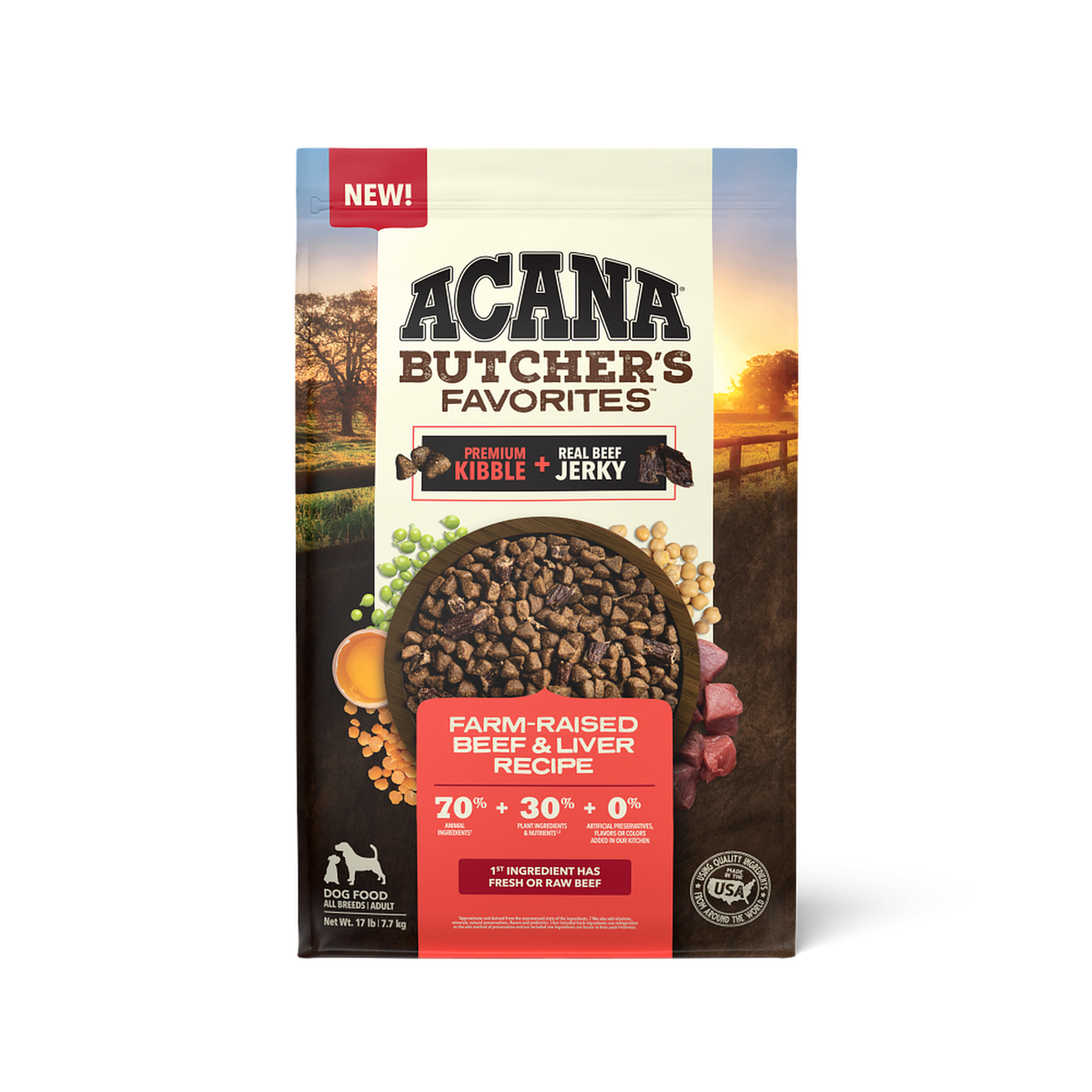 Acana Butcher's Favorites Farm-Raised Beef and Liver Recipe grain-free dry dog food 17 lb bag front