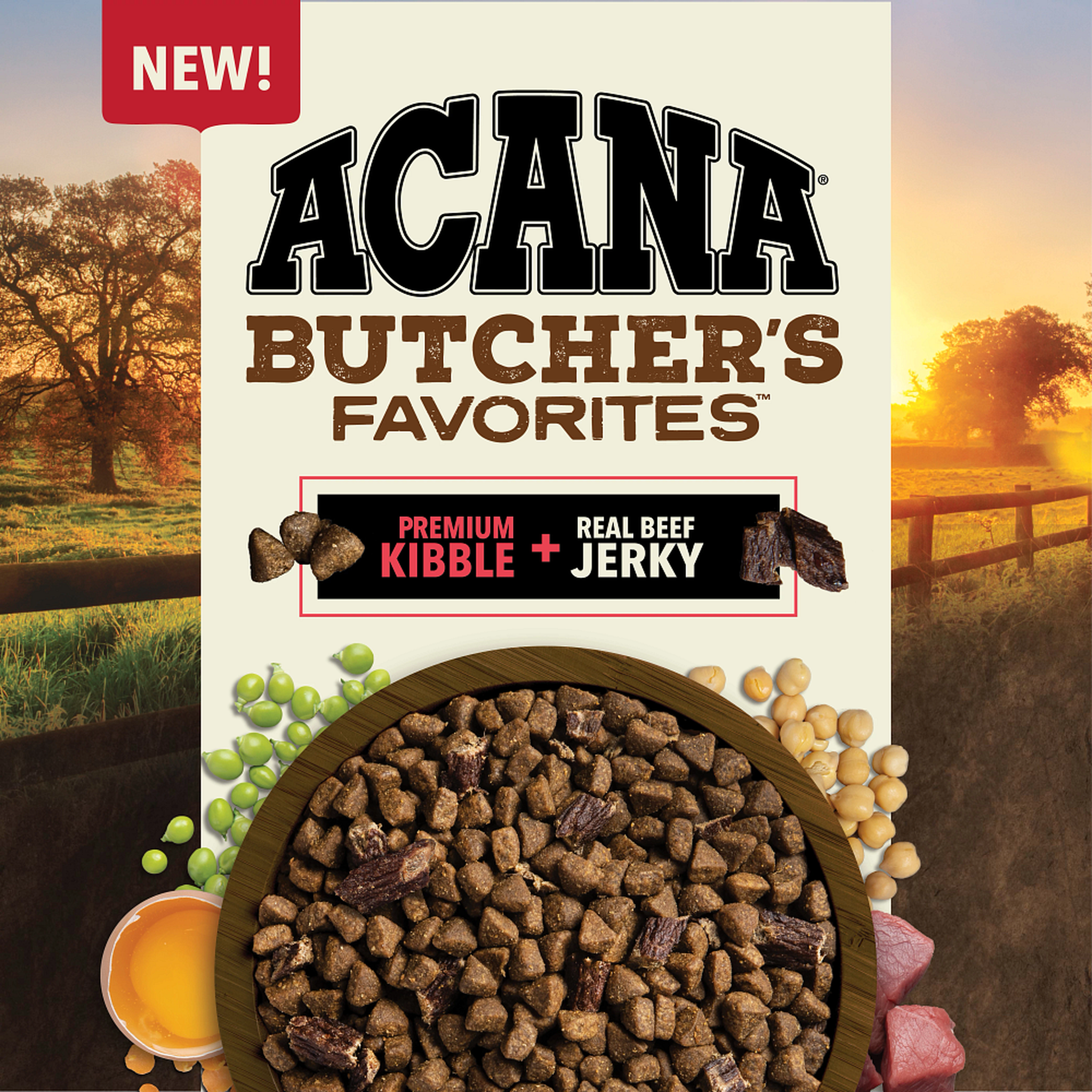 Acana Butcher's Favorites Farm-Raised Beef and Liver premium kibble with real beef jerky pieces in a bowl