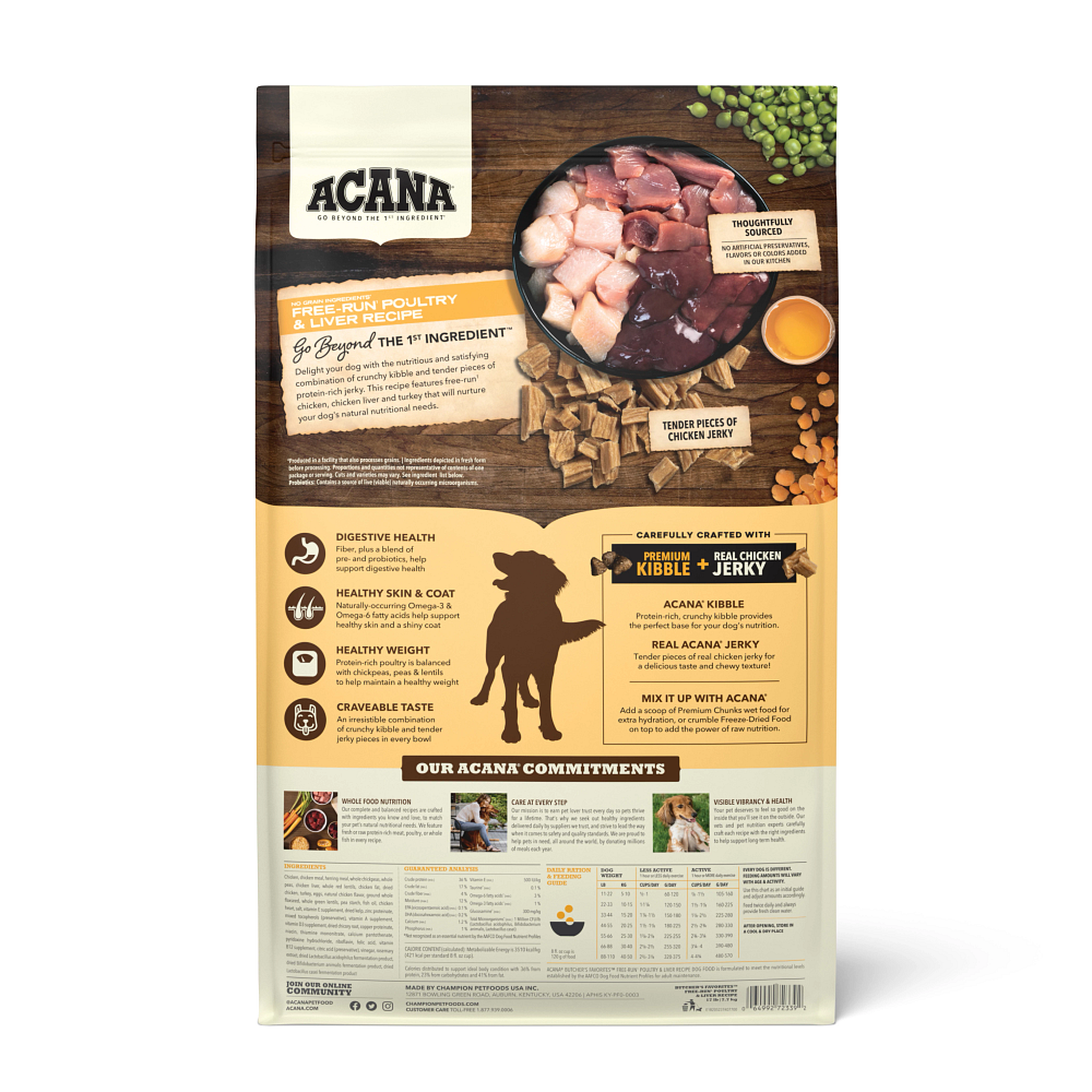 Acana Butcher's Favorites Free-Run Poultry and Liver back of bag with benefits, ingredients and guaranteed analysis