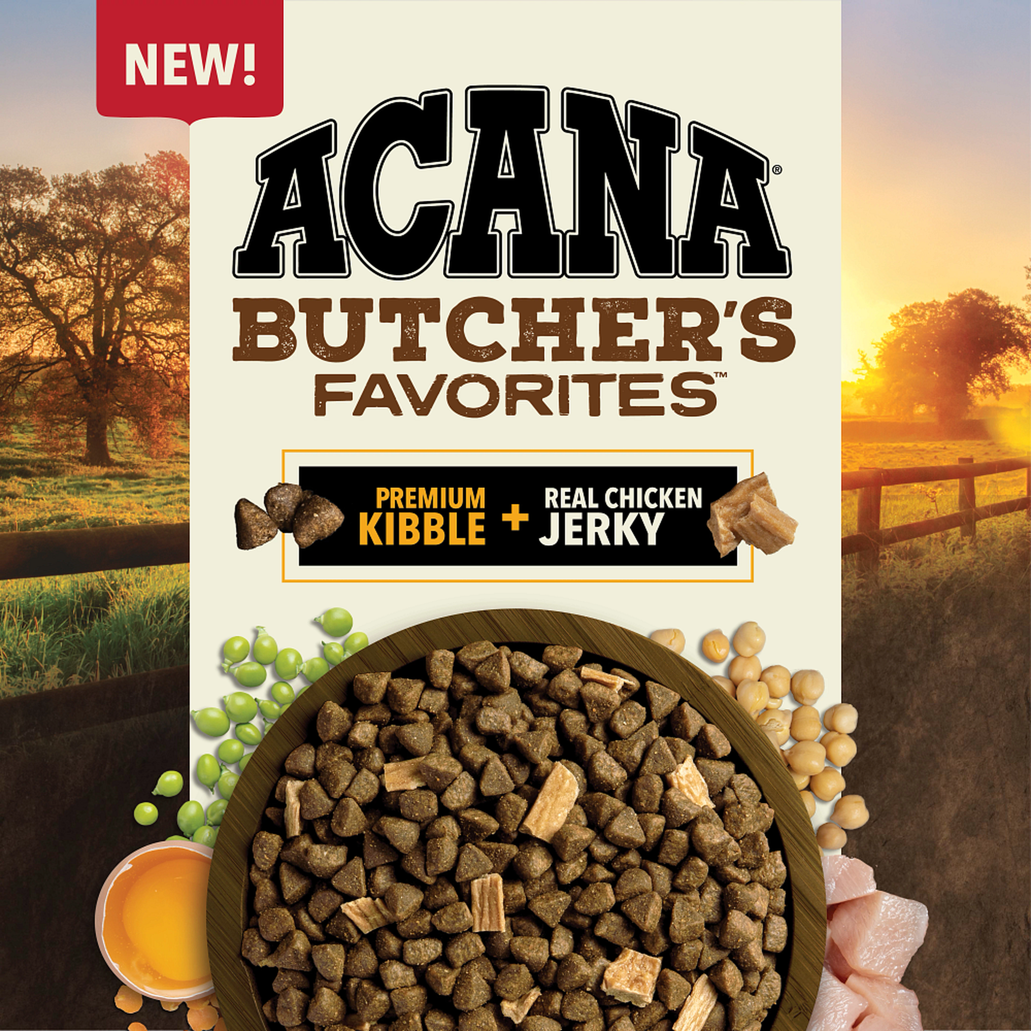 Acana Butcher's Favorites Free-Run Poultry and Liver premium kibble with real chicken jerky pieces in a bowl
