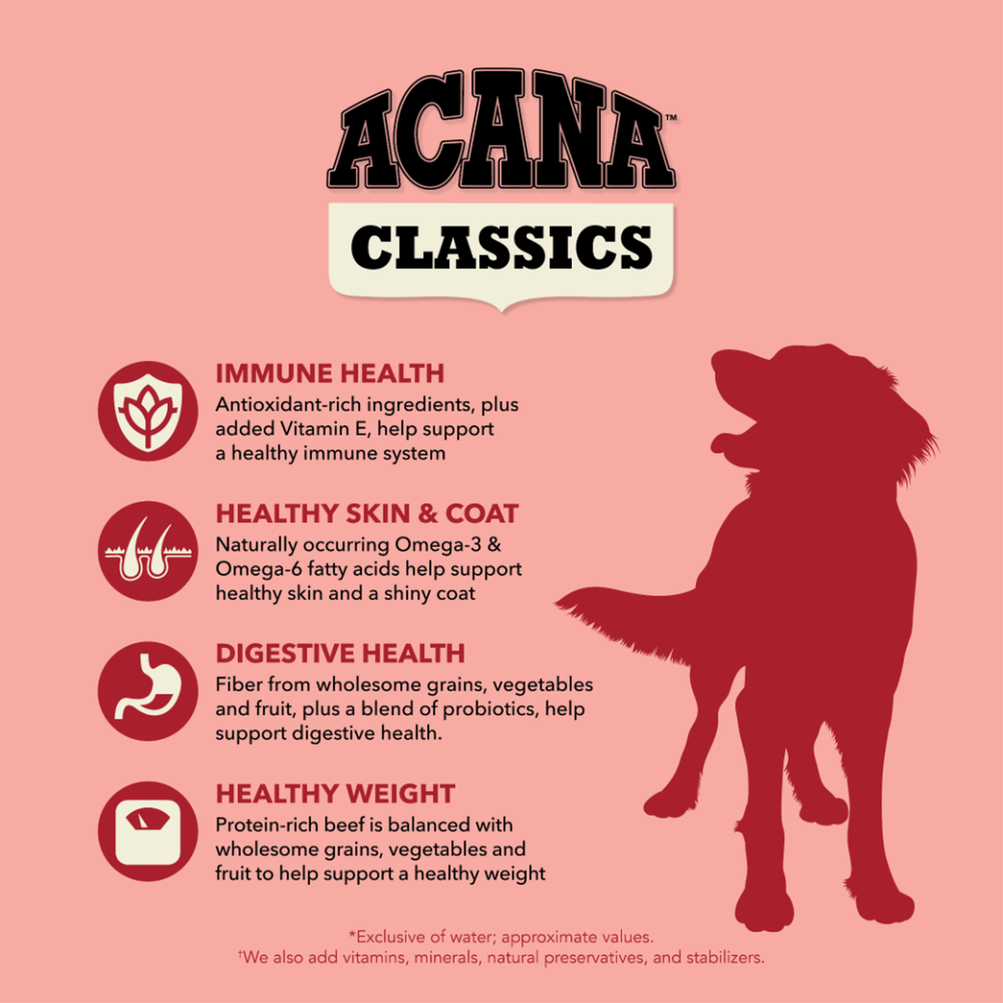 Acana Classics four health benefits chart covering immune health, healthy skin and coat, digestive health and healthy weight, with a dog silhouette