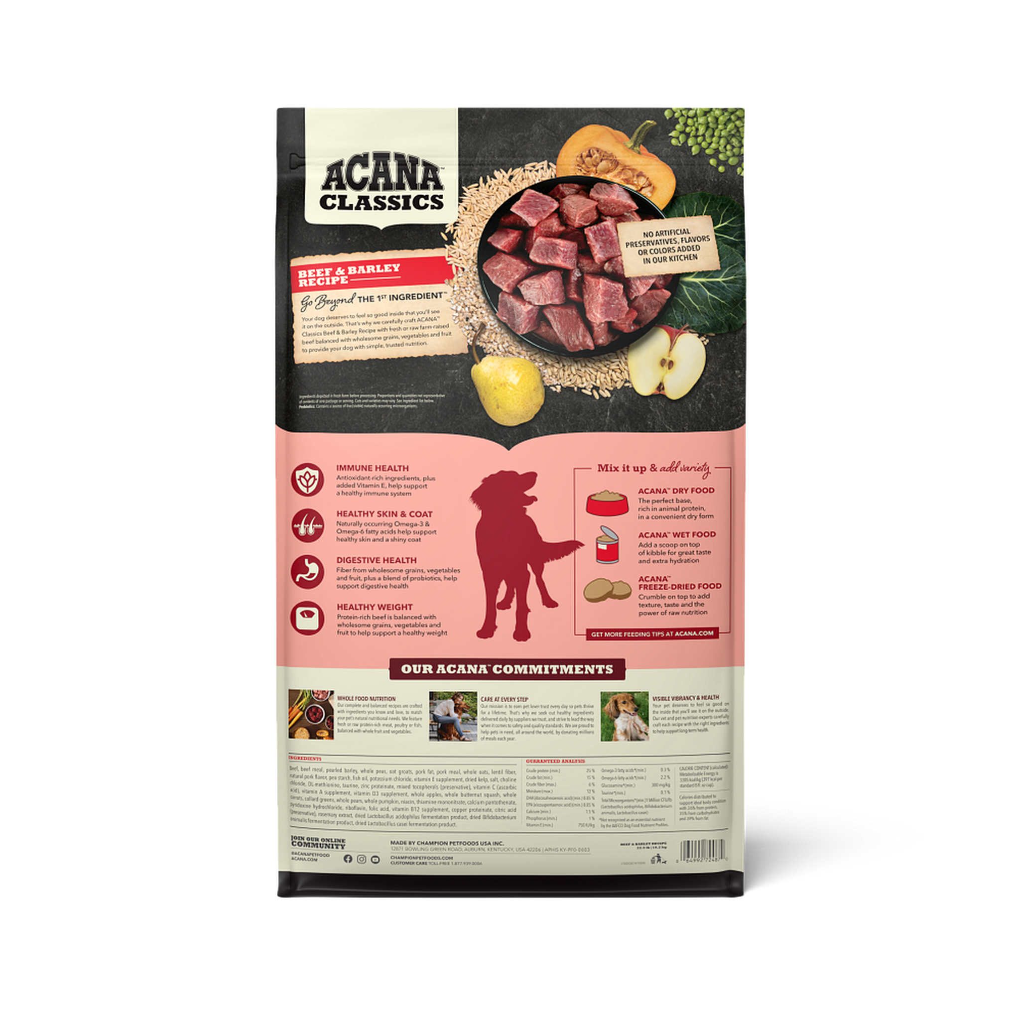 Back of the Acana Classics Beef and Barley Recipe bag showing a bowl of diced raw beef with pumpkin, peas and greens, the four key health benefits, ingredient list and guaranteed analysis