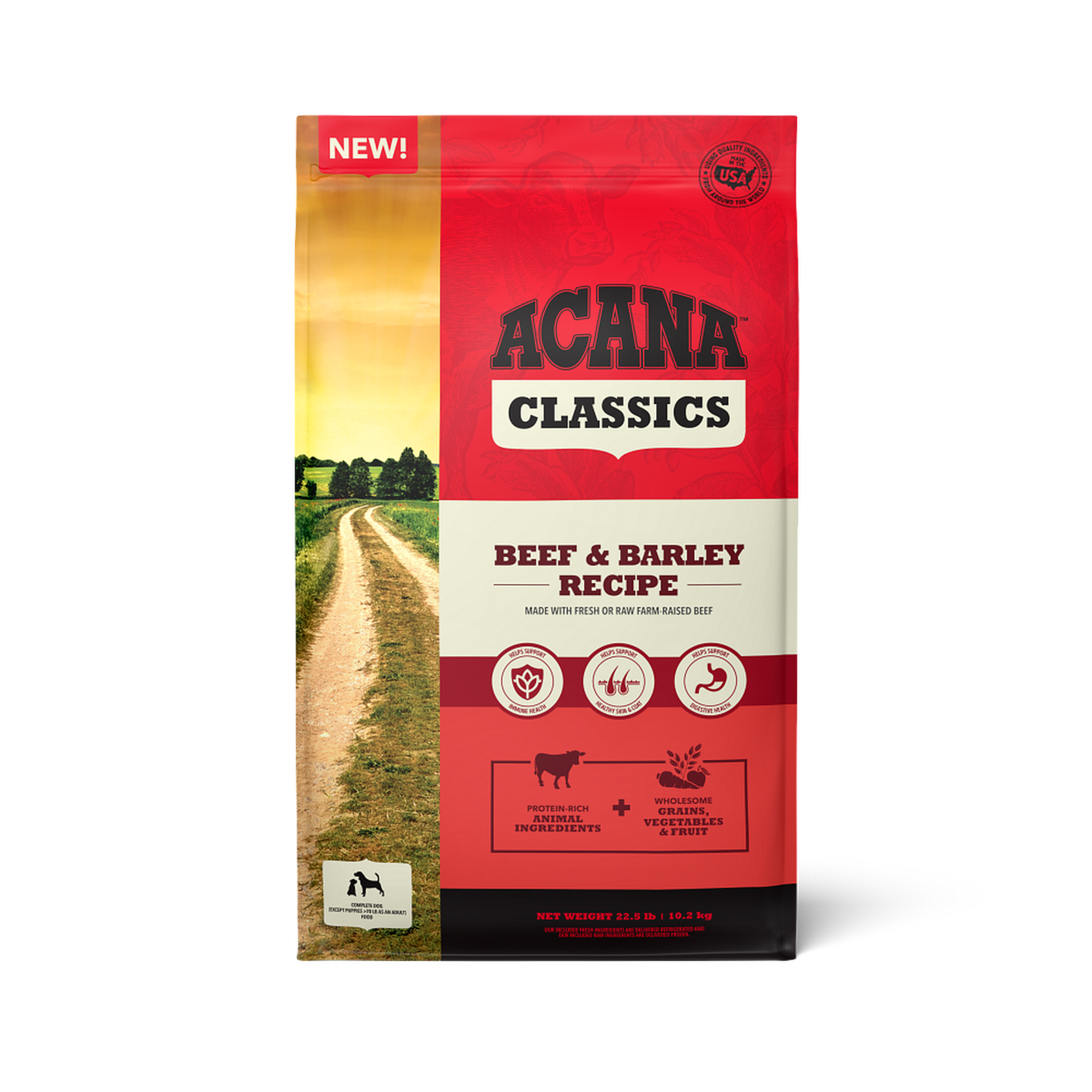 Acana Classics Beef and Barley Recipe dry dog food, front of the bag with New badge, Made with Fresh or Raw Farm-Raised Beef, and a Made in the USA quality seal