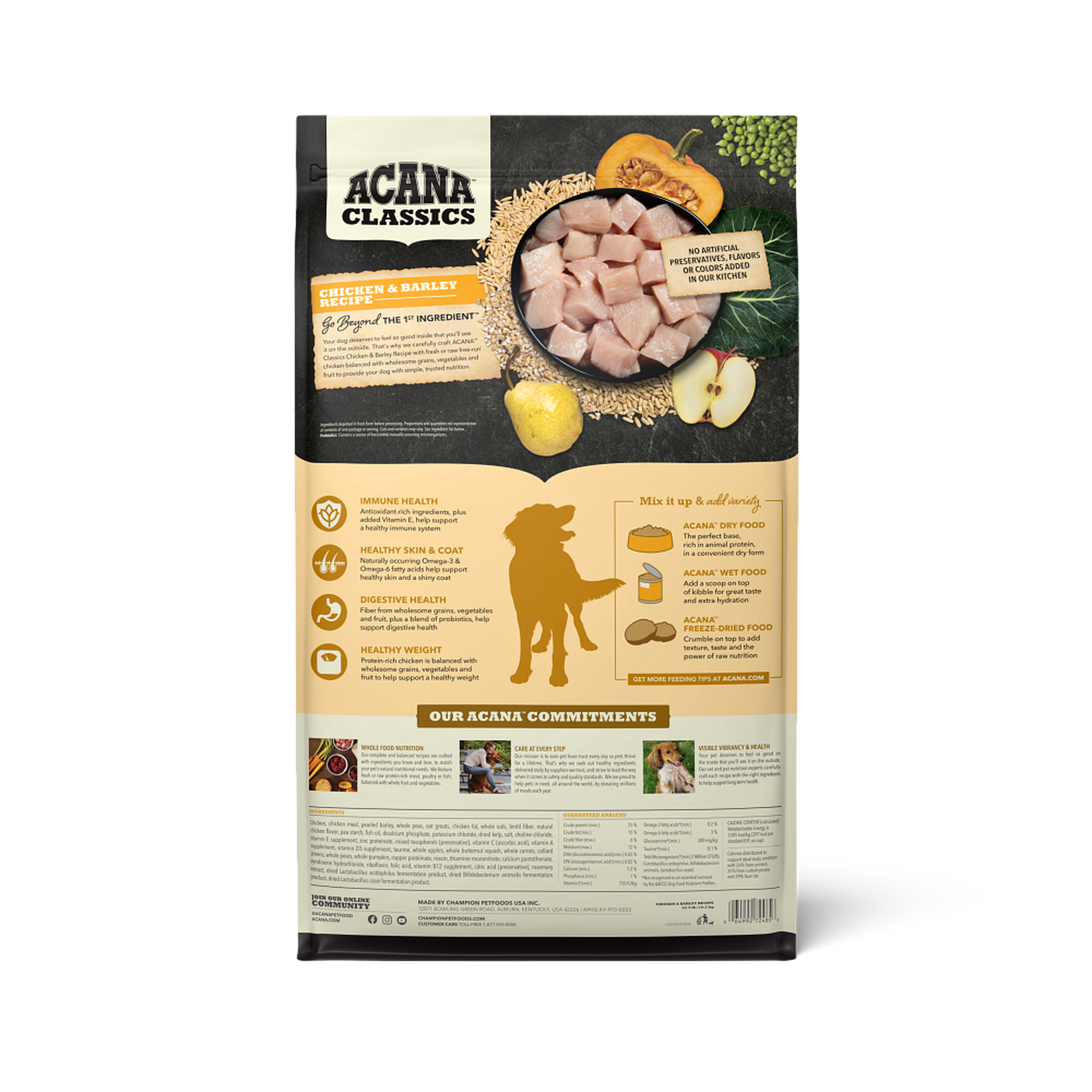 Back of the ACANA Classics Chicken & Barley Recipe bag showing diced chicken with grains, squash and fruit, health benefits, ingredients and guaranteed analysis