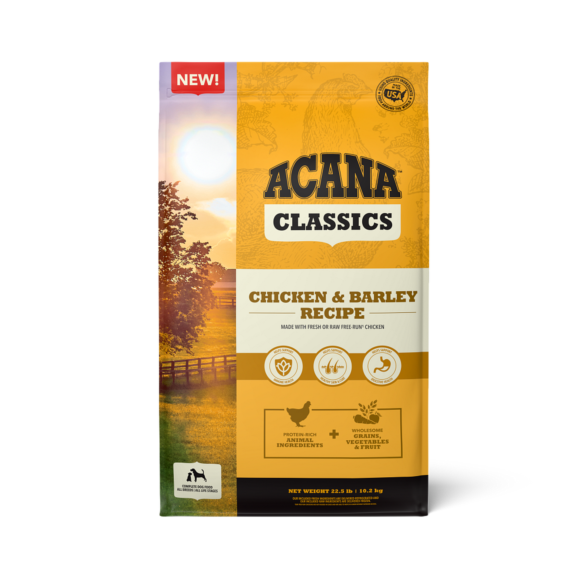 ACANA Classics Chicken & Barley Recipe dry dog food, front of the 22.5 lb bag made with fresh or raw free-run chicken and wholesome grains, vegetables and fruit
