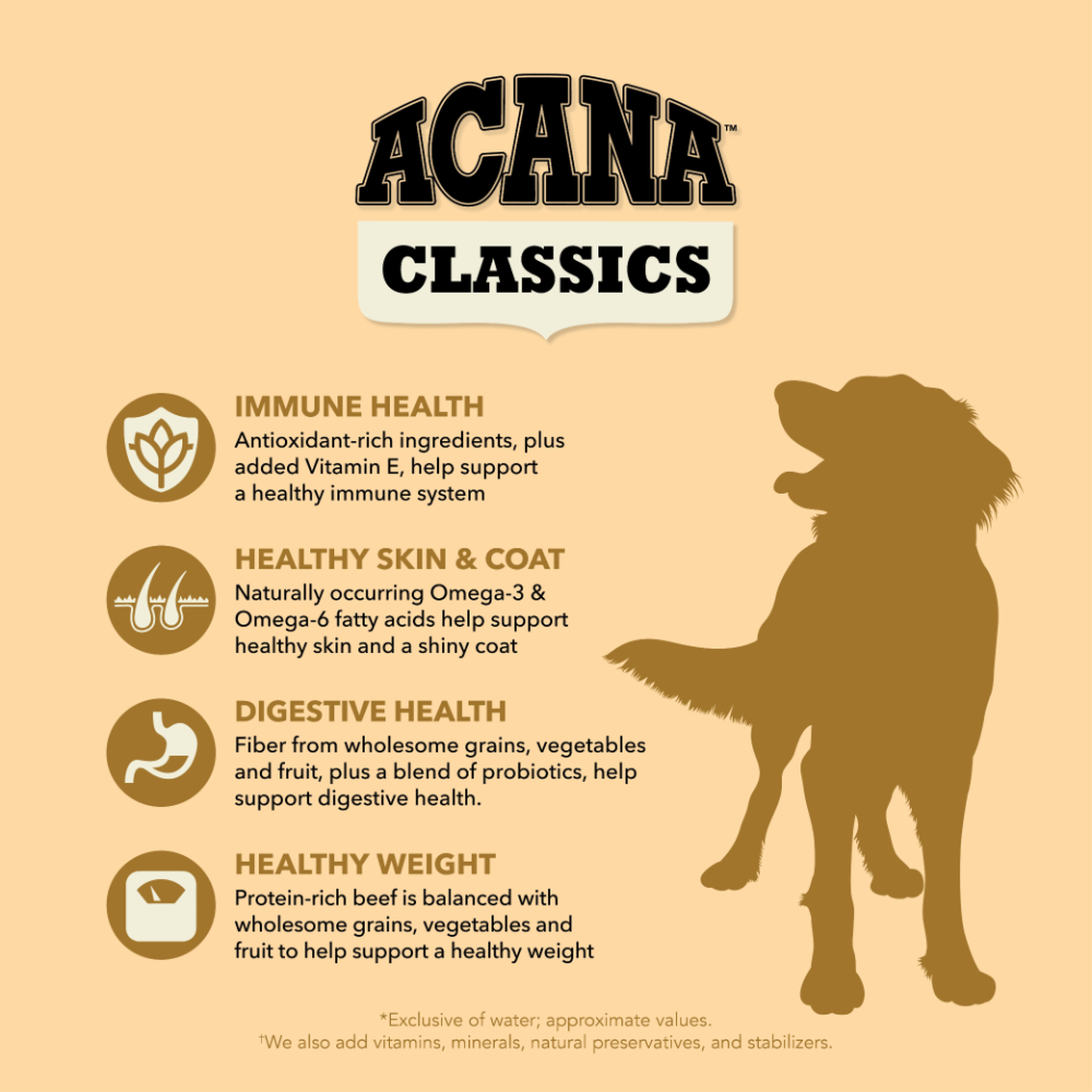 Classic nutrition fresh from our kitchen: ACANA Classics crafted with free-run chicken balanced with wholesome grains, vegetables and fruit, shown with a French Bulldog and two bag sizes