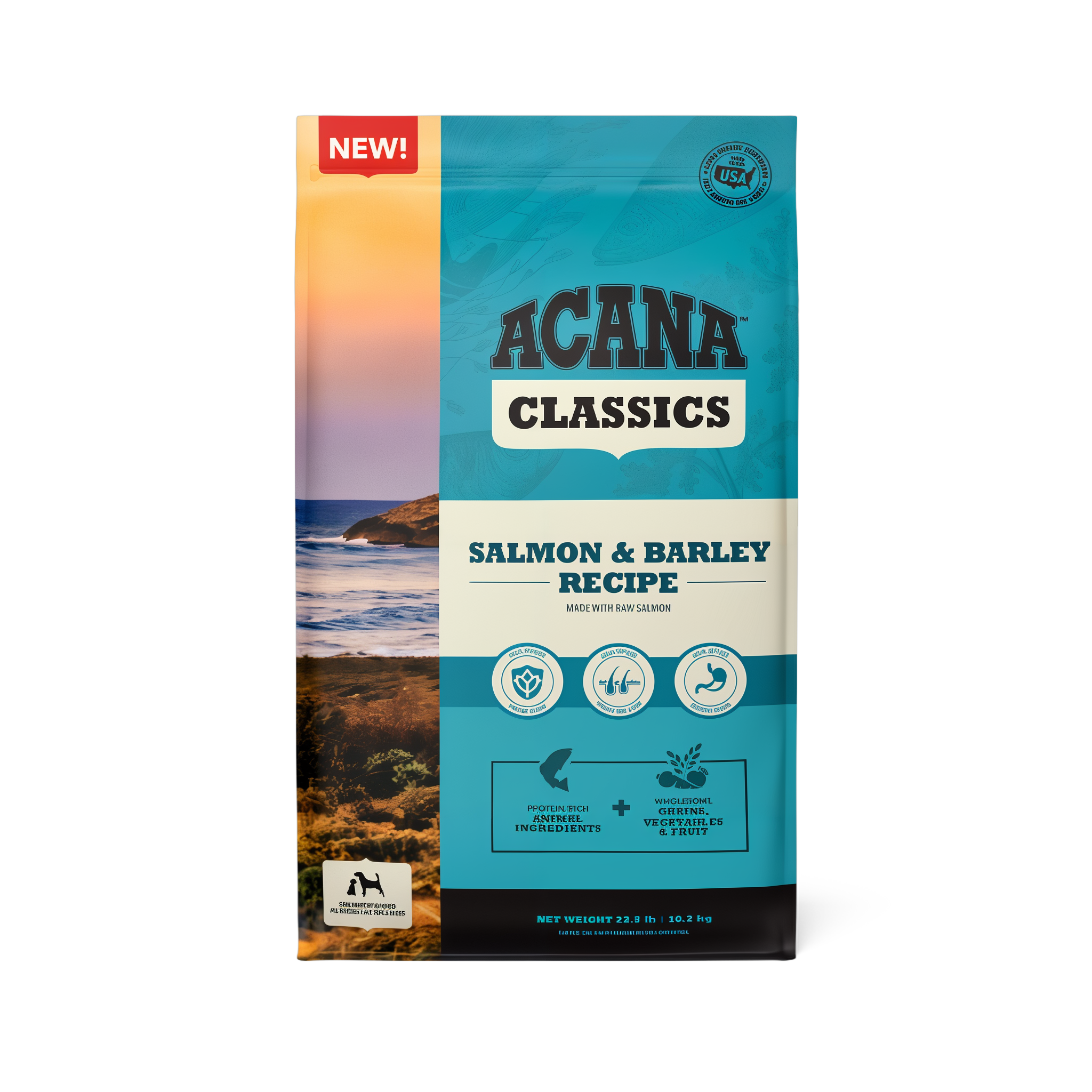 Acana Classics Salmon & Barley Recipe dry dog food front of bag made with raw salmon