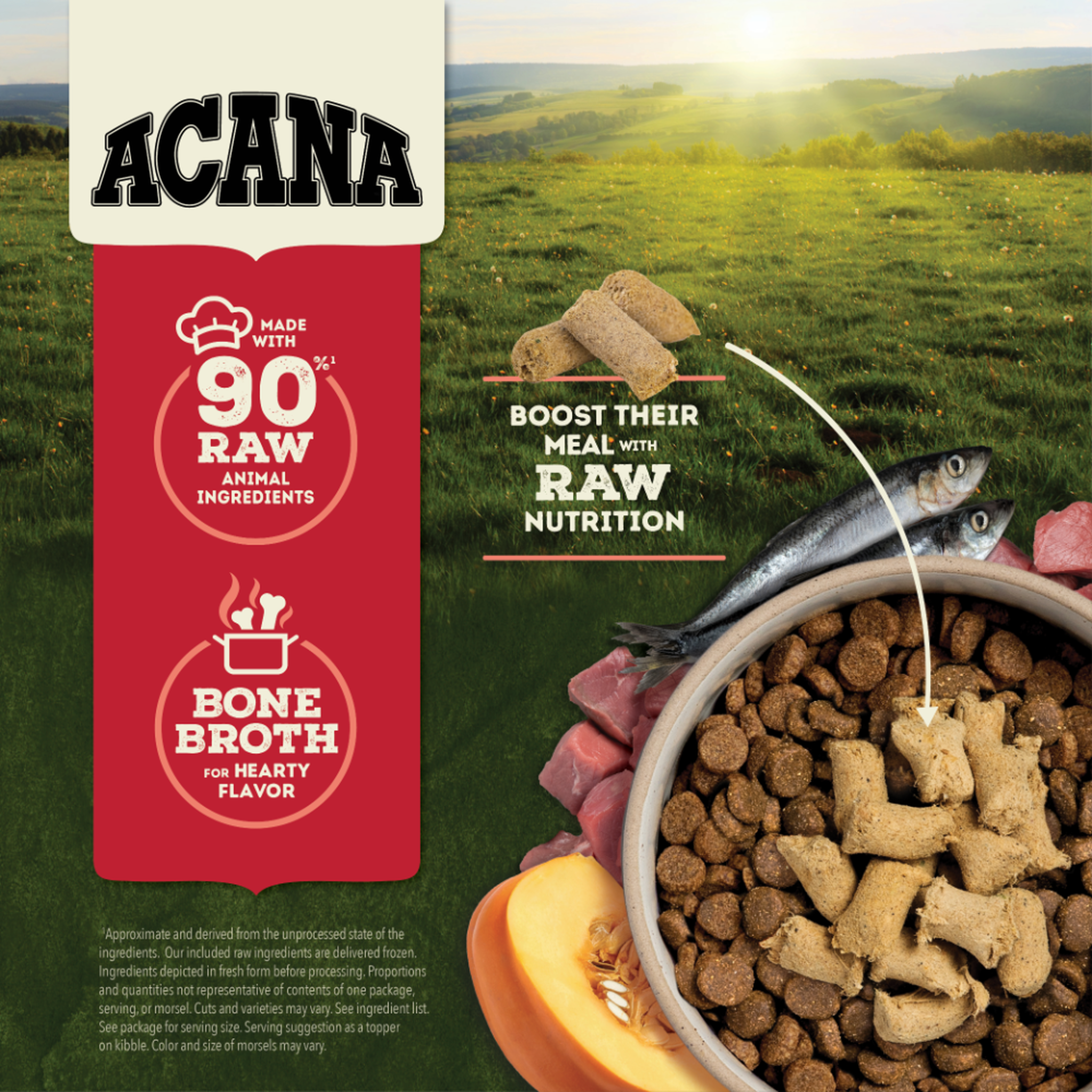 ACANA Farm-Raised Beef Freeze-Dried Morsels made with 90 percent raw animal ingredients and bone broth for hearty flavor