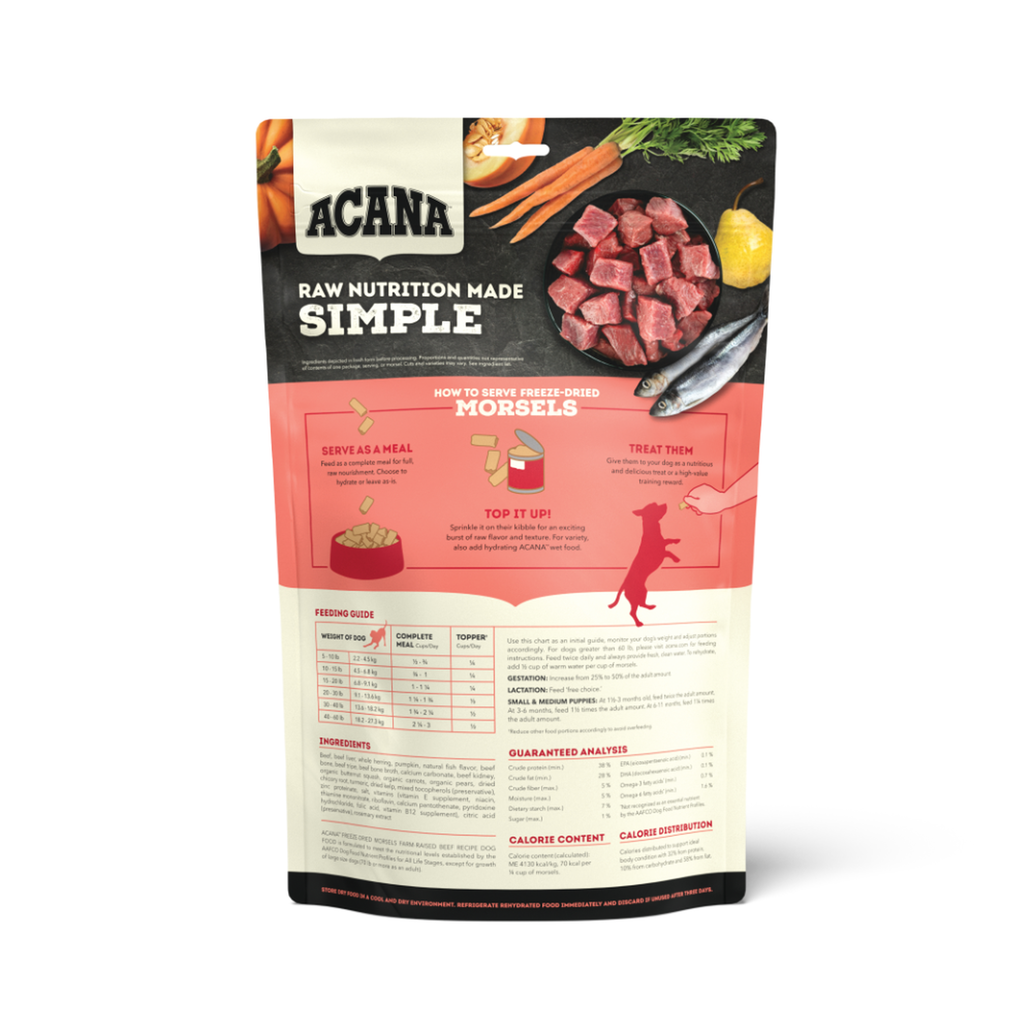 ACANA Farm-Raised Beef Recipe Freeze-Dried Morsels back of bag with feeding guide, ingredients and guaranteed analysis