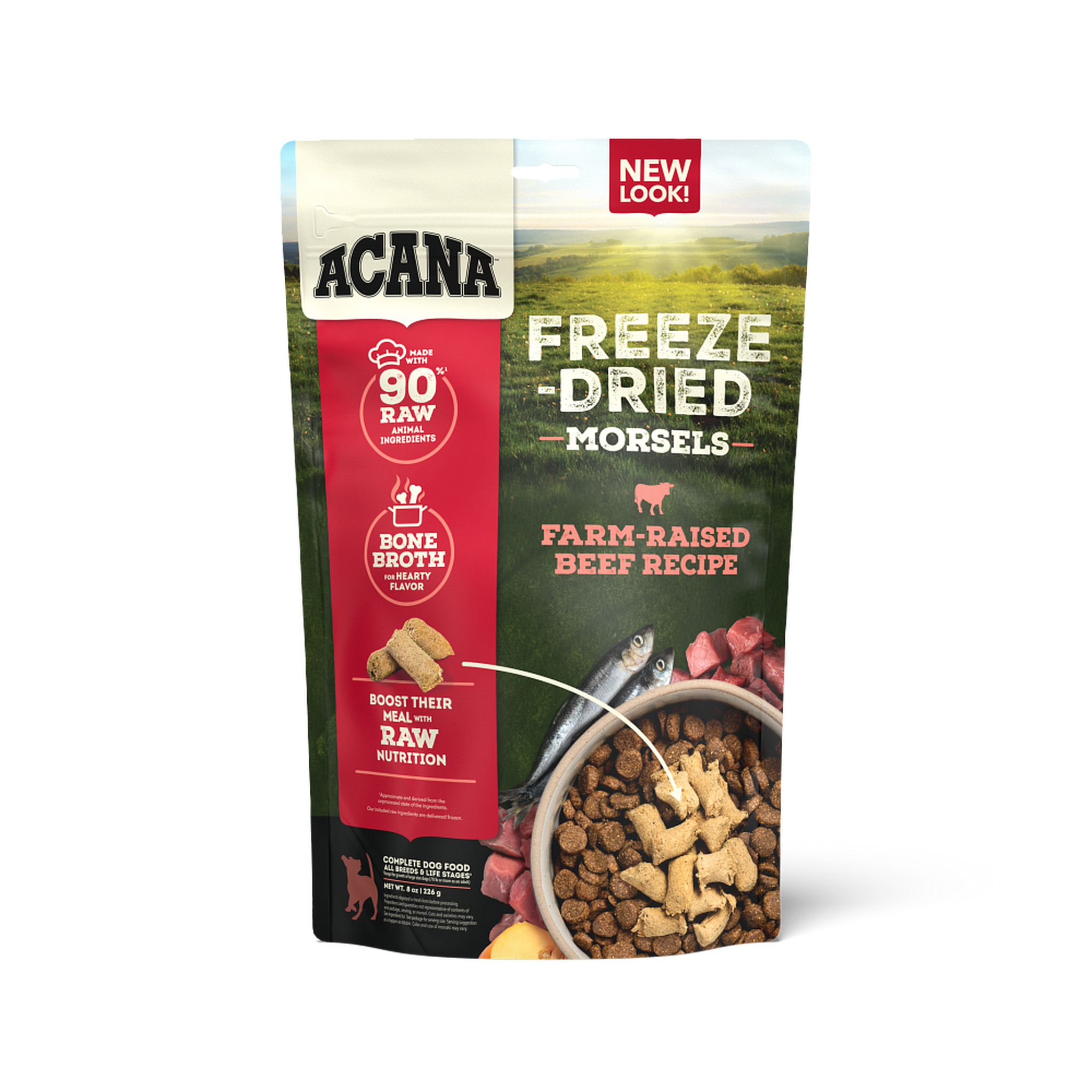 ACANA Farm-Raised Beef Recipe Freeze-Dried Morsels dog food front of 8 oz bag