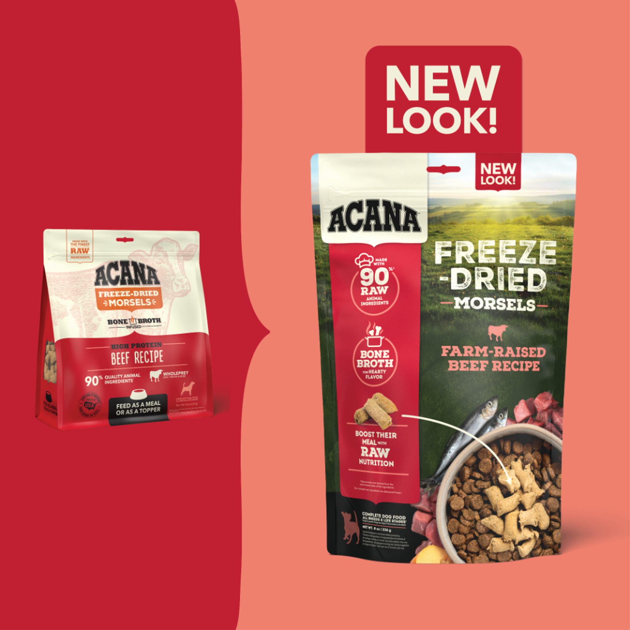 ACANA Farm-Raised Beef Freeze-Dried Morsels updated packaging shown next to previous bag design