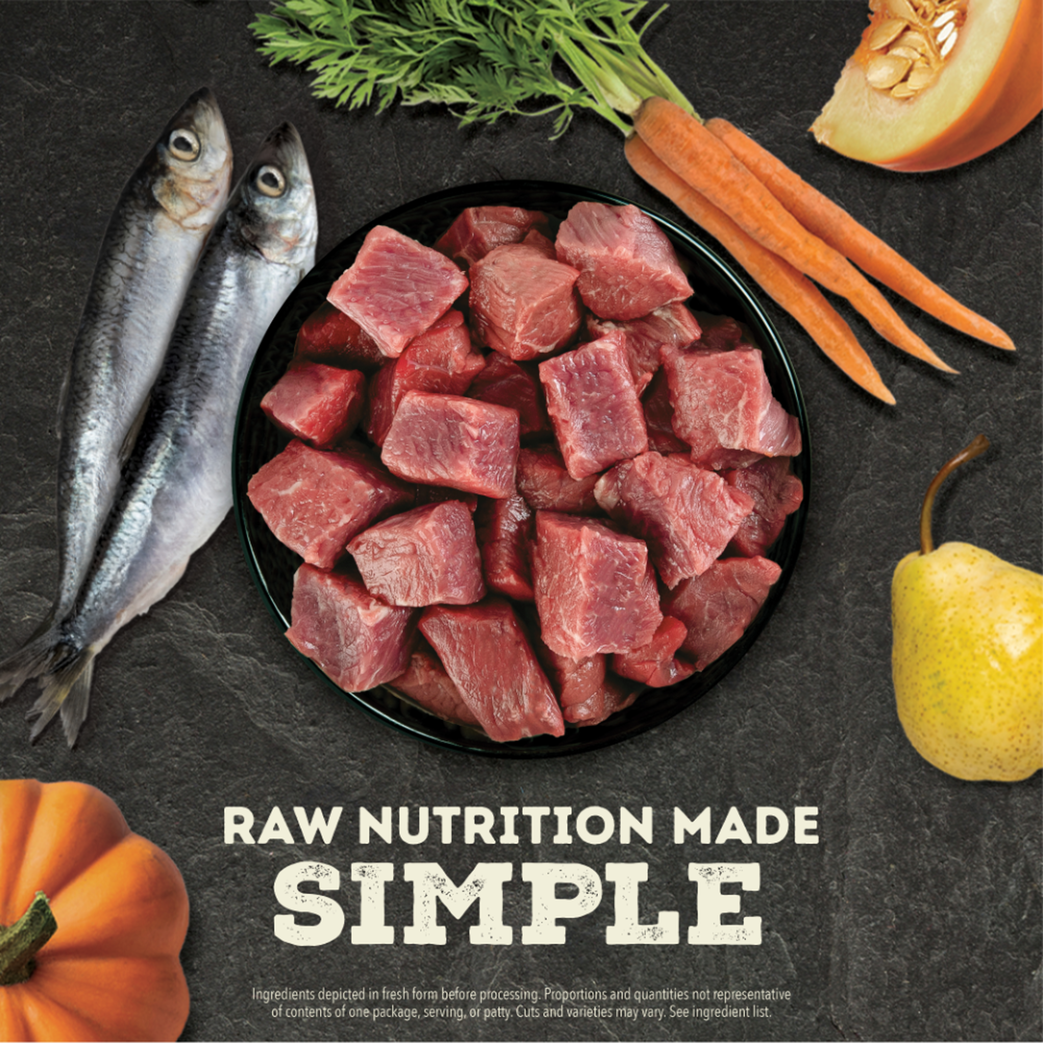 Raw beef, whole herring, carrots, pumpkin and pear ingredients for ACANA Farm-Raised Beef Freeze-Dried Morsels