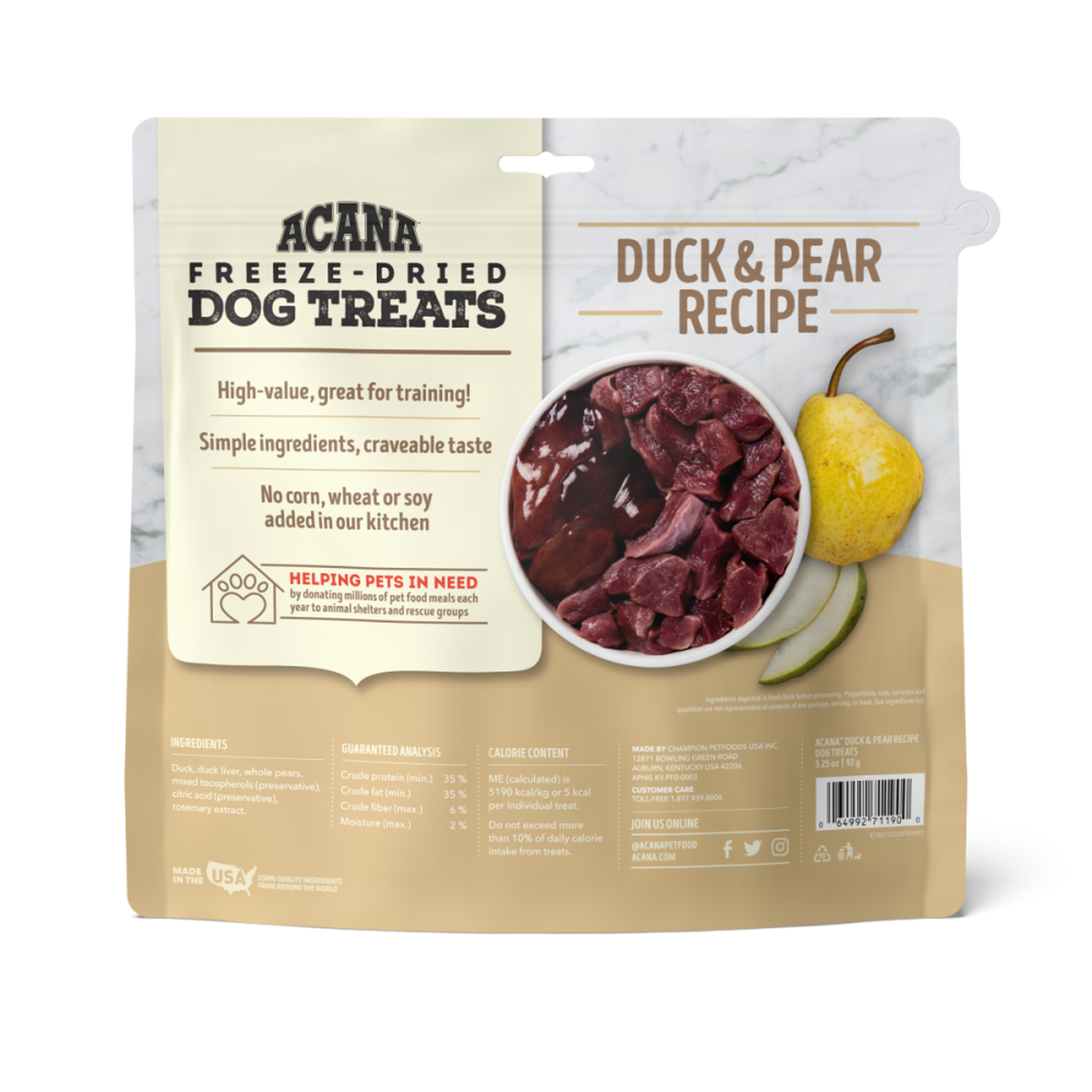 Back of ACANA Free-Run Duck Freeze-Dried Dog Treats bag showing ingredients, guaranteed analysis and calorie content beside duck, duck liver and a fresh pear