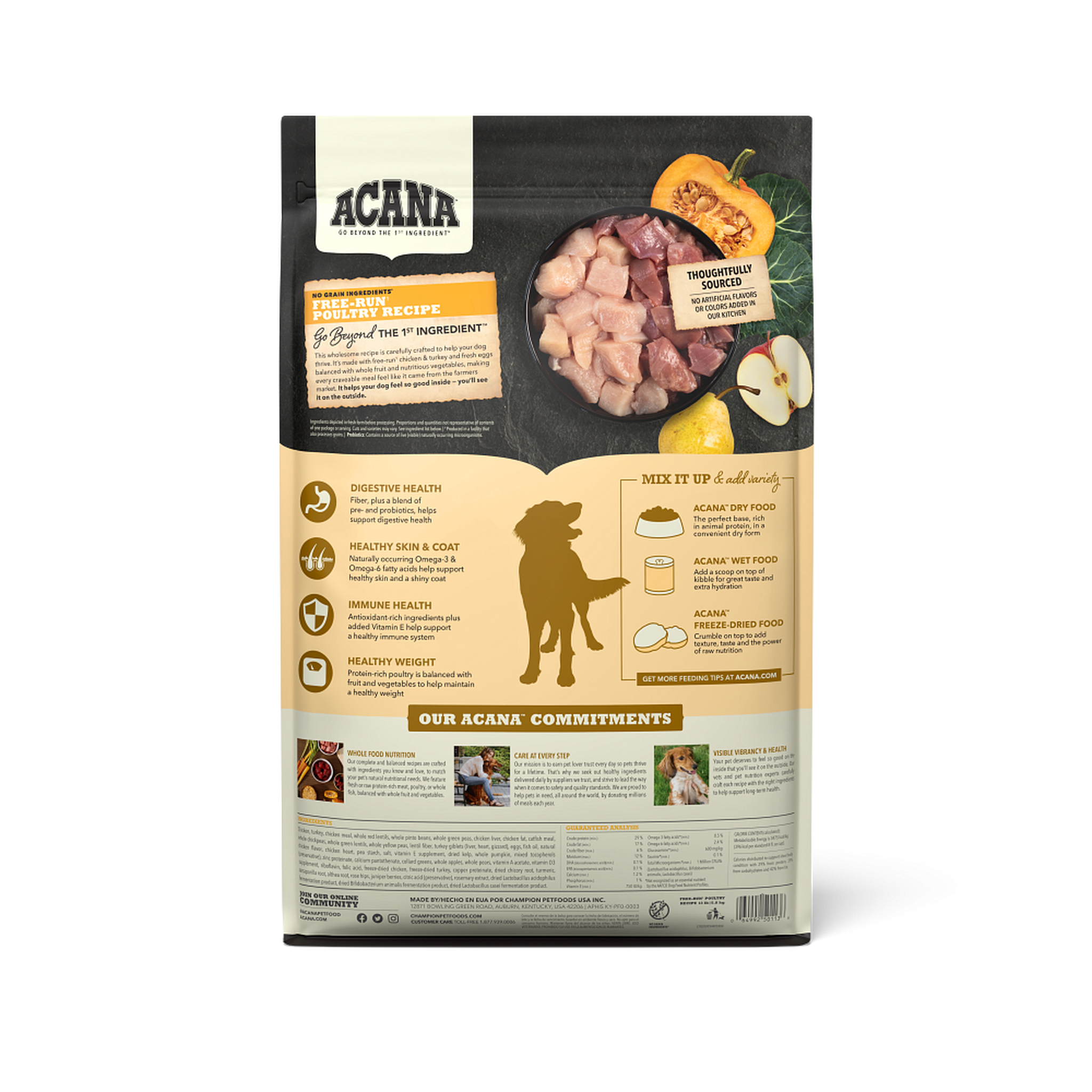 Back of ACANA Free-Run Poultry Recipe bag showing a bowl of raw chicken and turkey with pumpkin, apple, and pear plus four key health benefits