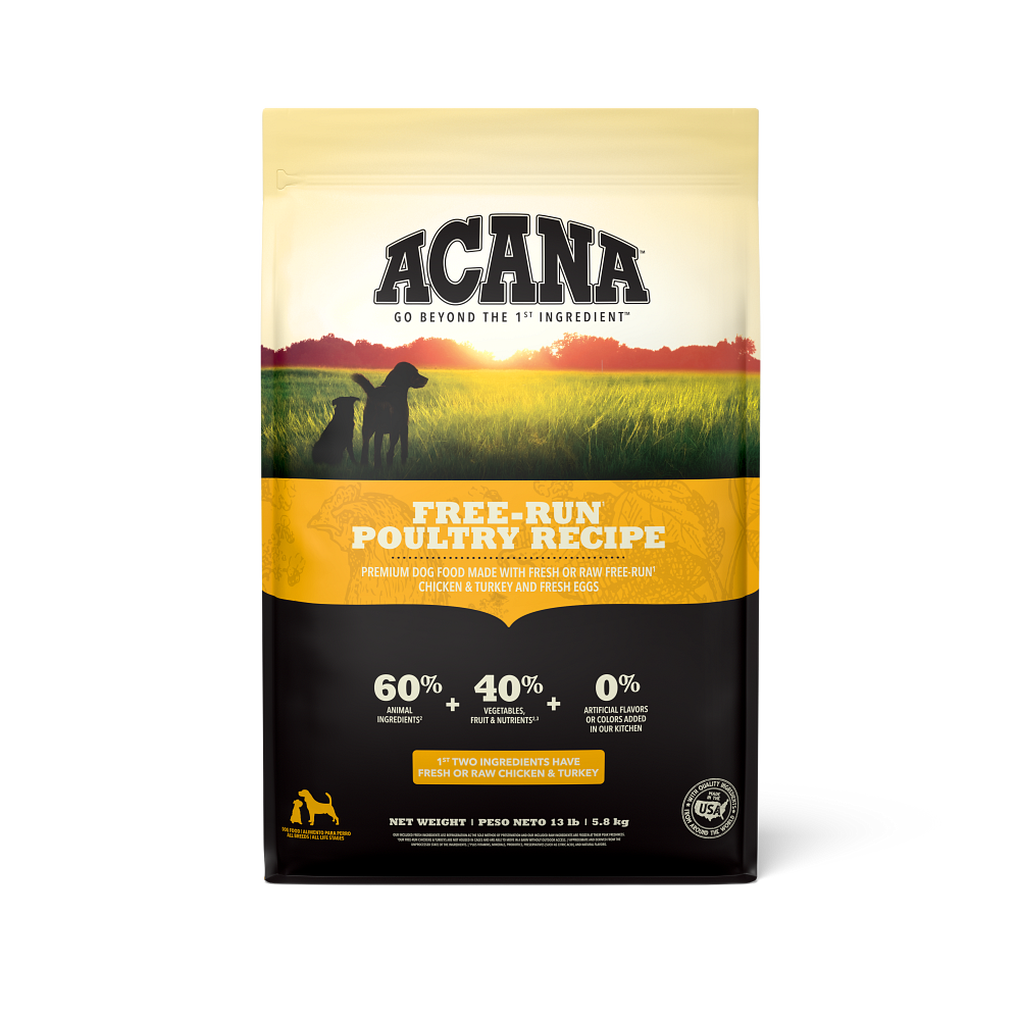 ACANA Free-Run Poultry Recipe dry dog food front of bag with two dogs in a sunset field and 60 percent animal ingredients