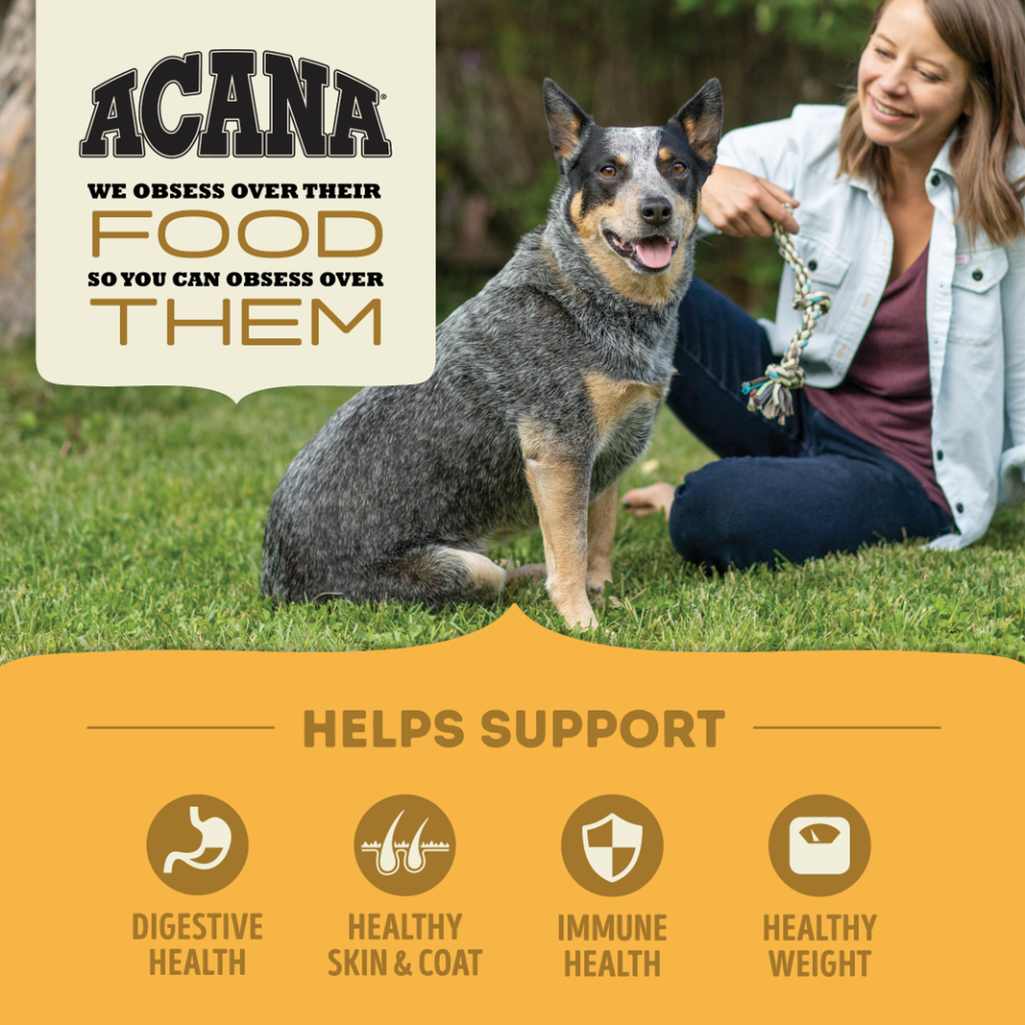 Blue heeler dog sitting on grass beside its owner with the ACANA promise to support digestive health, skin and coat, immune health, and healthy weight